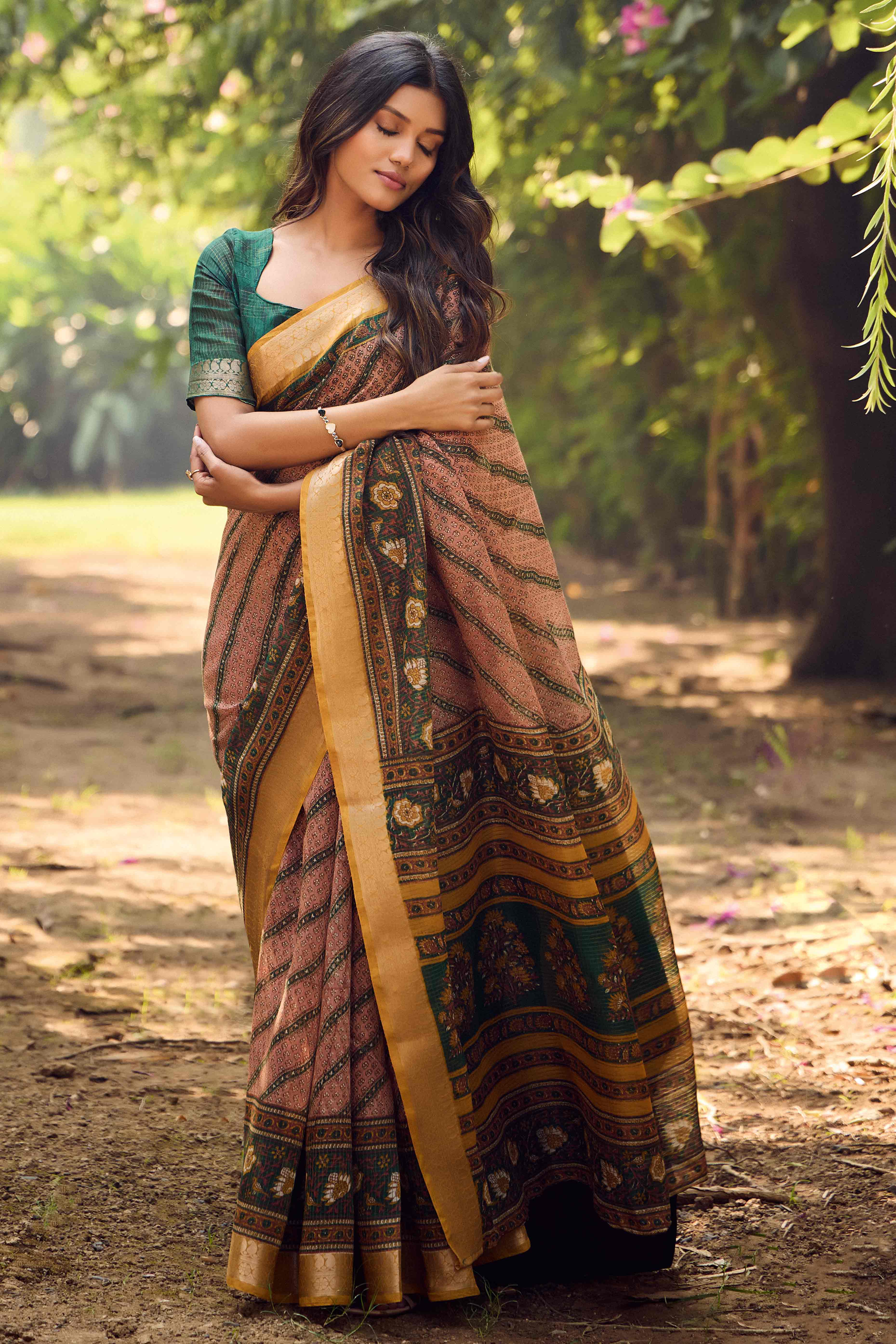 Peachmode Brown Printed Mulmul Cotton Saree With Jacquard Border