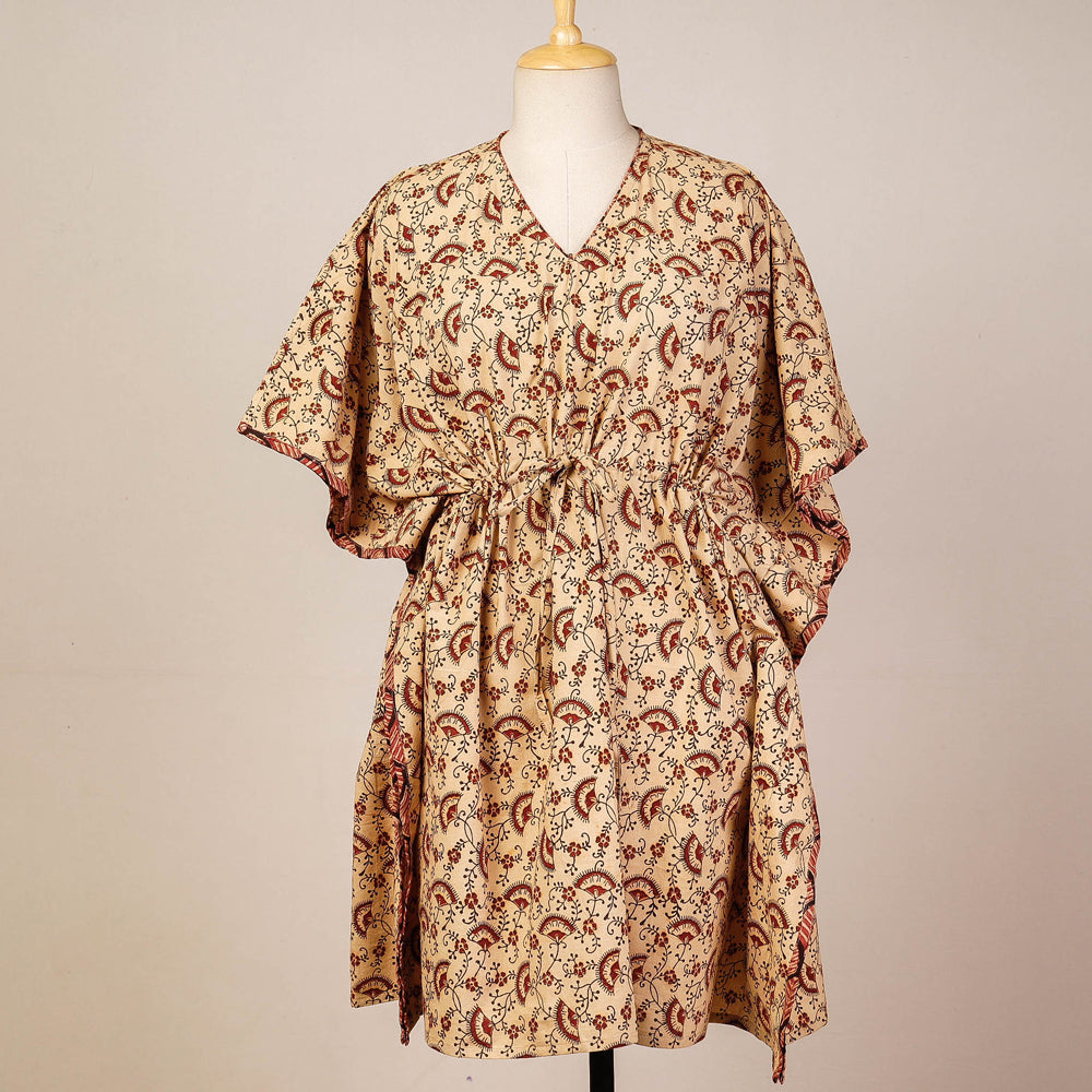 CHUTNEY CRAFT STUDIO Beige - Block Print Cotton Kalamkari Kaftan with Tie-Up Waist (Medium)