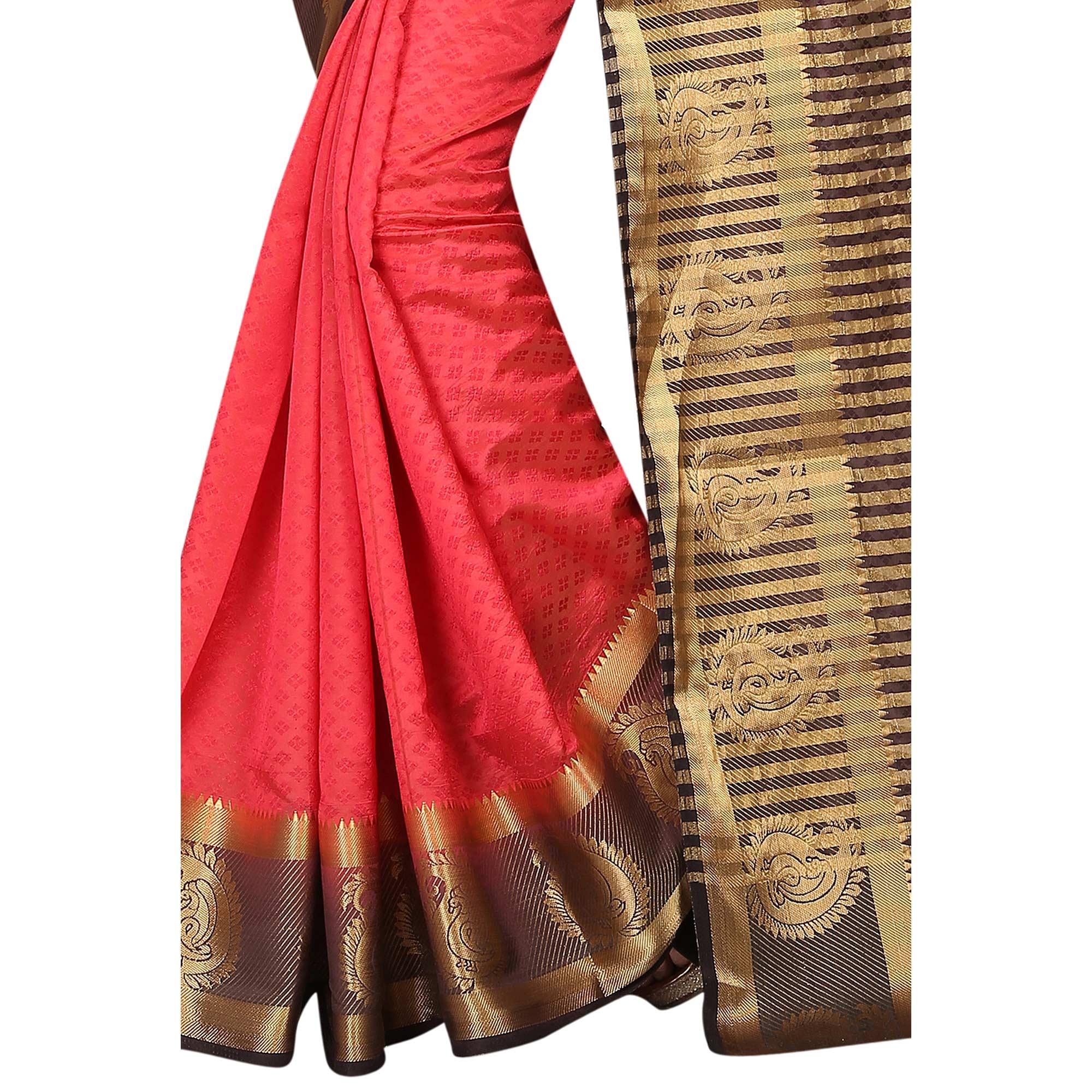 Peachmode Breathtaking Red Colored Festive Wear Woven Cotton Silk Saree - view 6