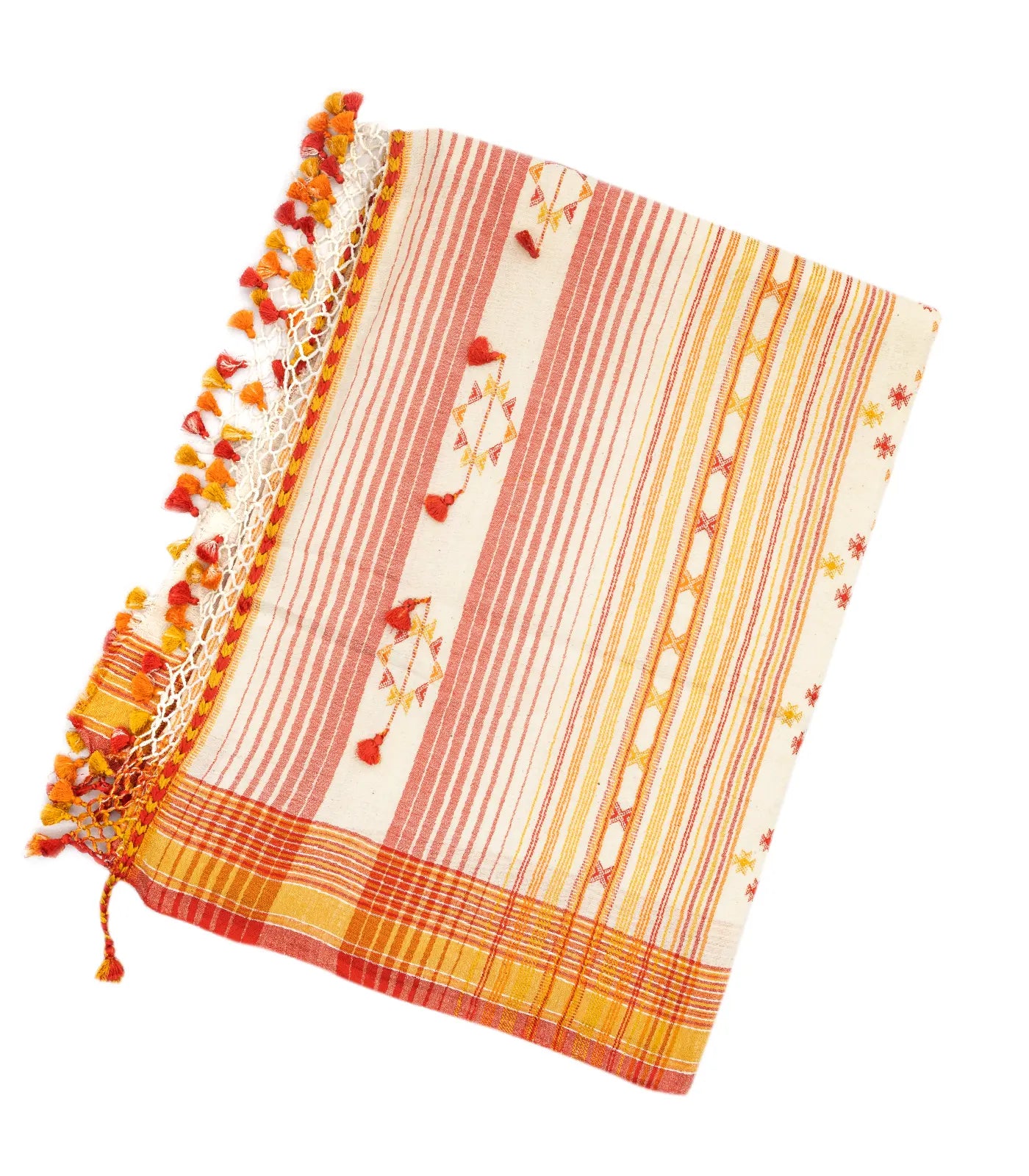 RmKV Off White Handloom Bhujodi Cotton Saree With Mustard Stripes