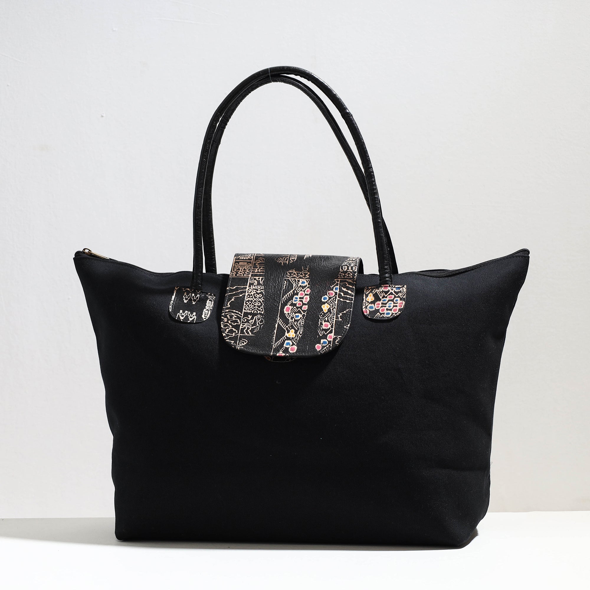 SASHA Black - Handcrafted Canvas Cotton & Embossed Leather Flap Tote Bag - view 2