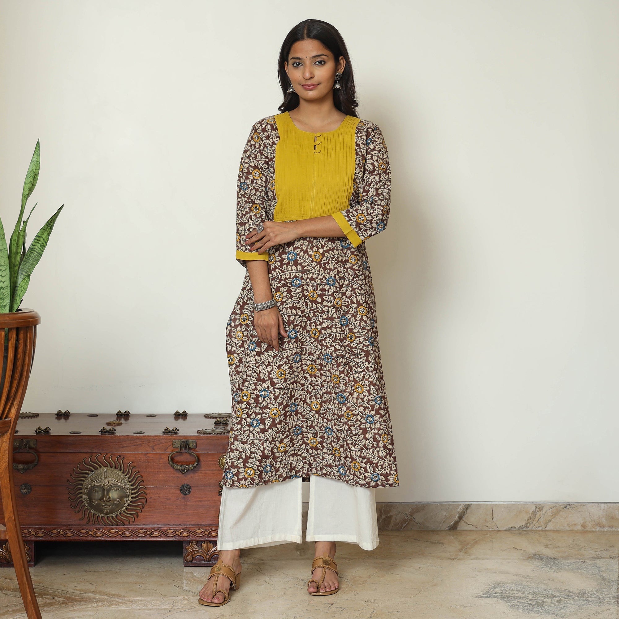 ITOKRI CASUALS Brown - Kalamkari Printed Cotton Pintuck Long Straight Kurta 68 - view 2