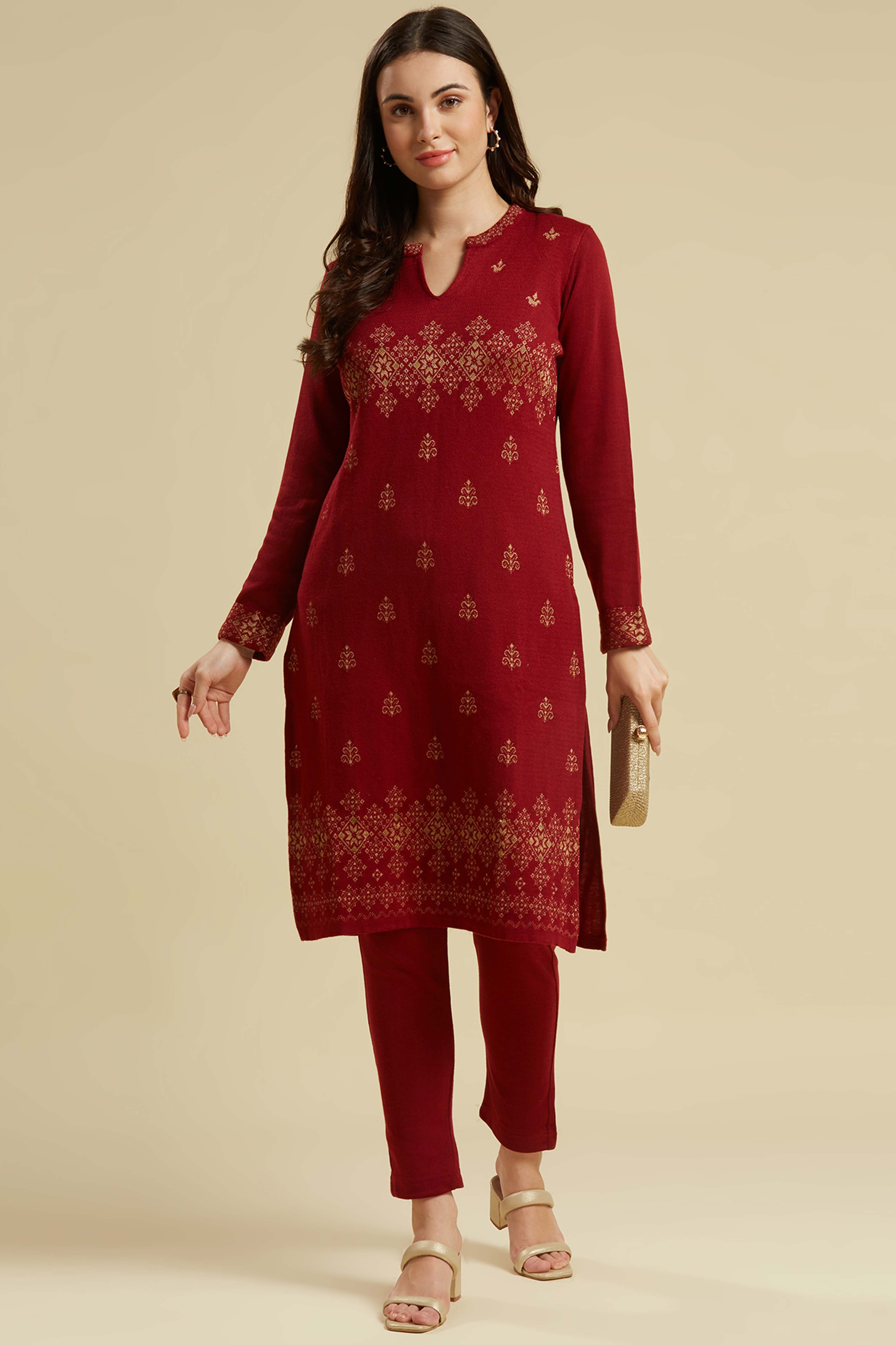Peachmode Maroon Woolen Straight Kurti – Women's