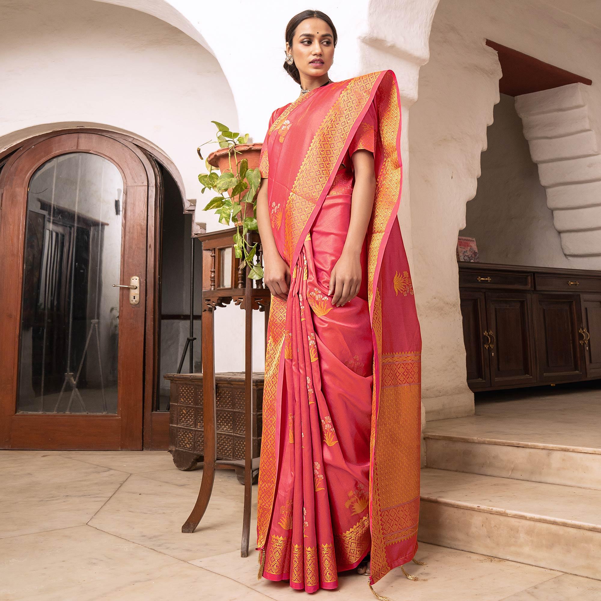 Peachmode Jazzy Peach Colored Festive Wear Woven Soft Silk Saree