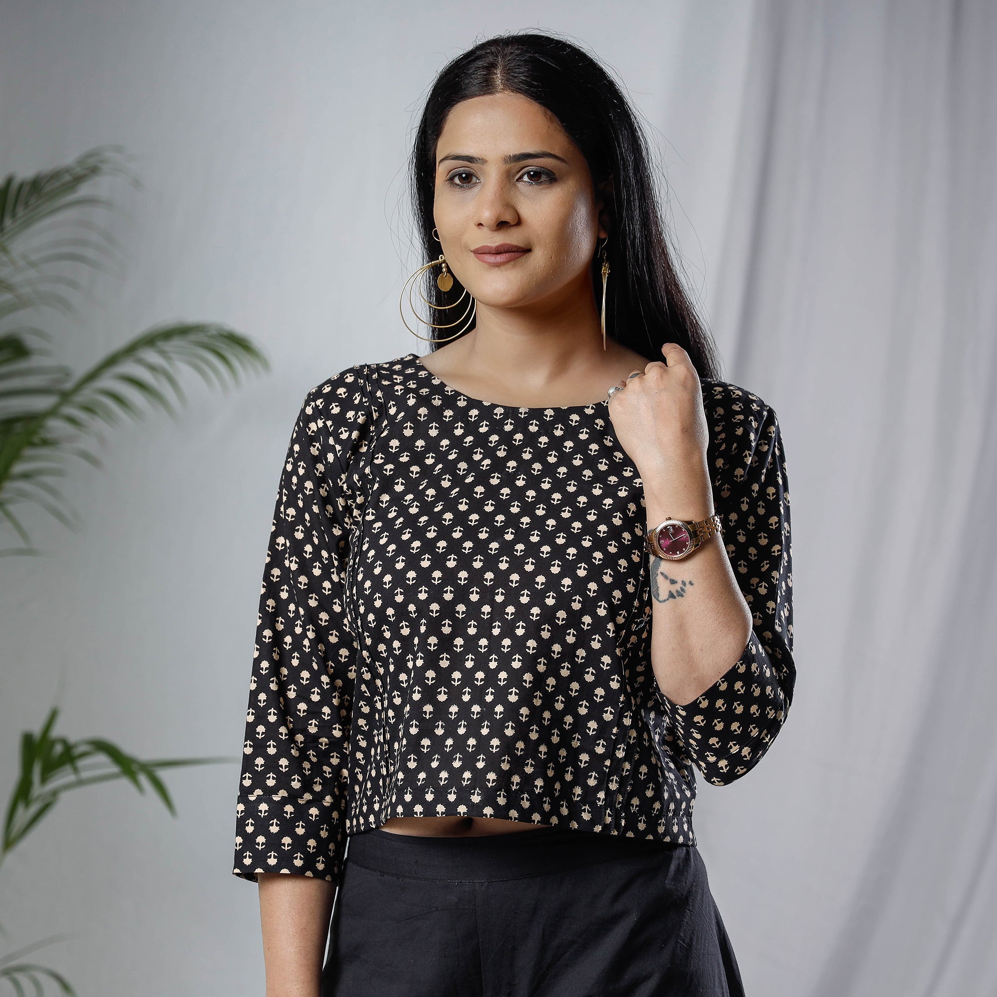 ITOKRI CASUALS Black - Sanganeri Hand Block Prints Full Sleeve Cotton Crop Top
