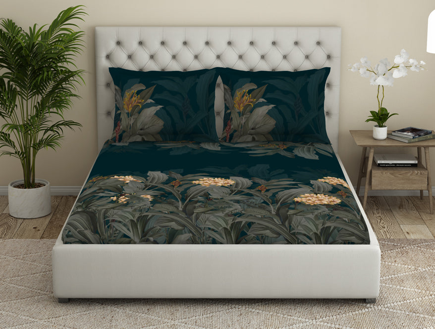 Spaces India Floral Dark Teal 100% Cotton King Size Bedsheet Elegance - By Elegance