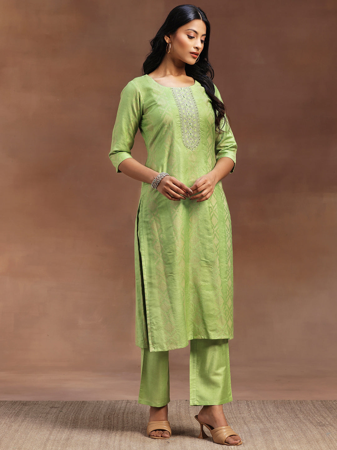 Libas Green Woven Design Chanderi Silk Straight Suit With Dupatta - view 2