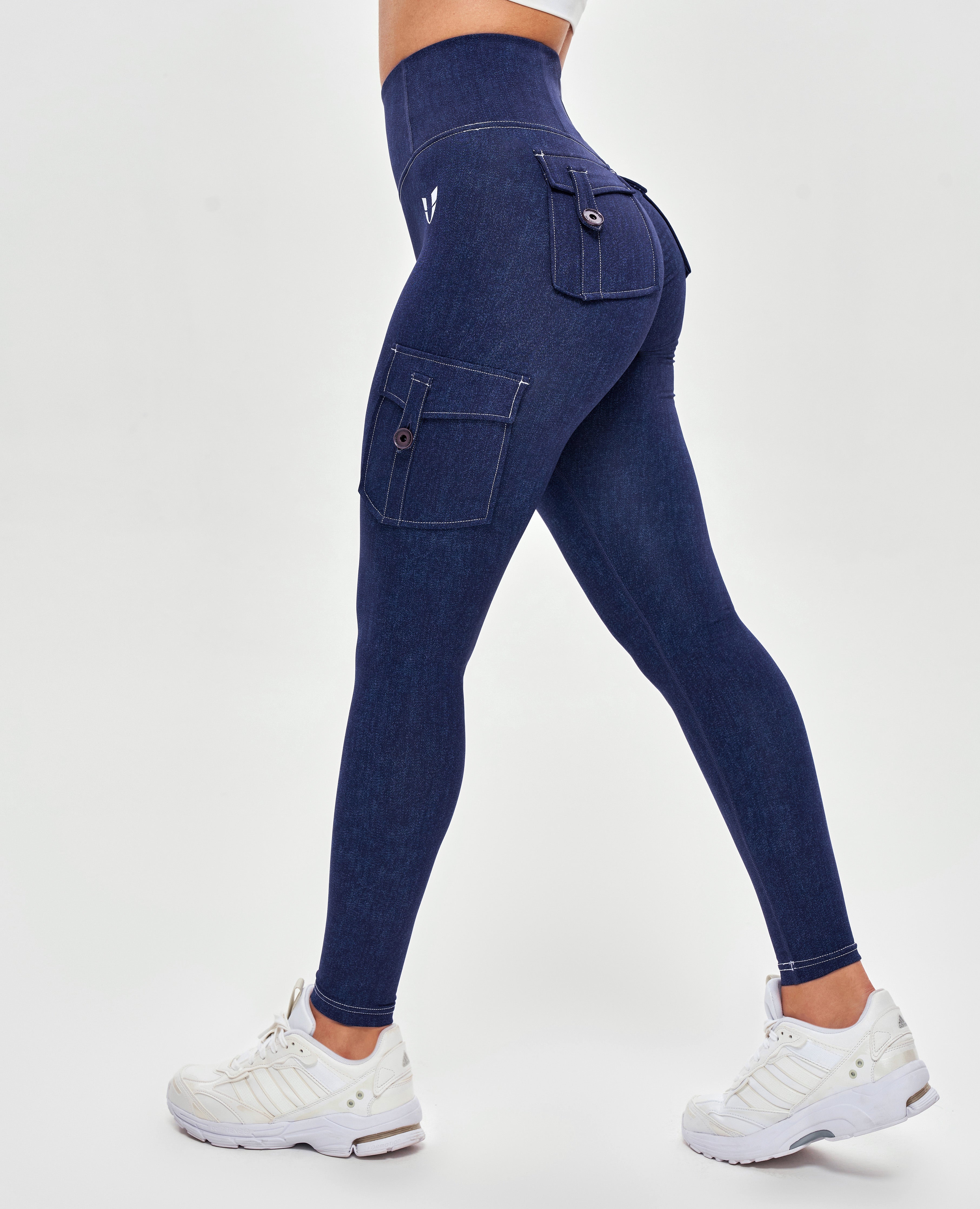 FIRM ABS High Waisted Cargo Leggings - Denim Blue
