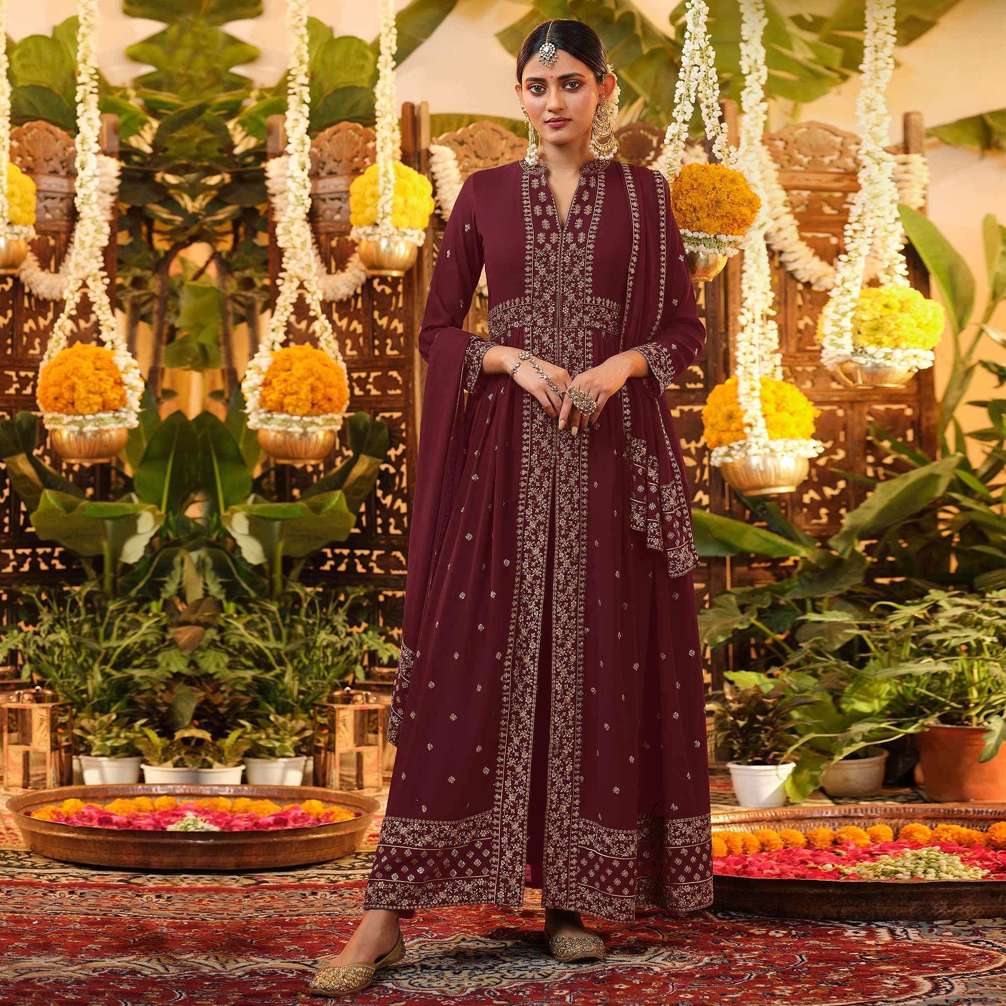 Peachmode Maroon Embroidered Georgette Anarkali Suit - view 3