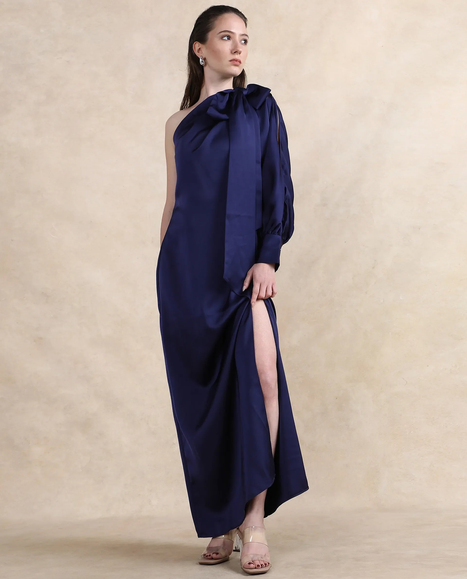 Rareism Women Ankara Navy One Shoulder Straight Fit Maxi Plain Dress - view 5