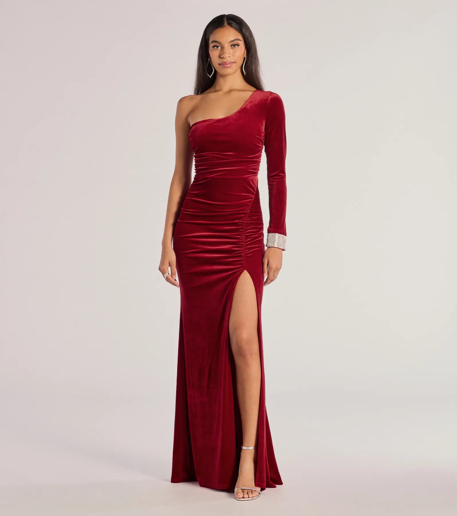 Windsor Lyra Velvet One-Shoulder Rhinestone Cuff Mermaid Dress