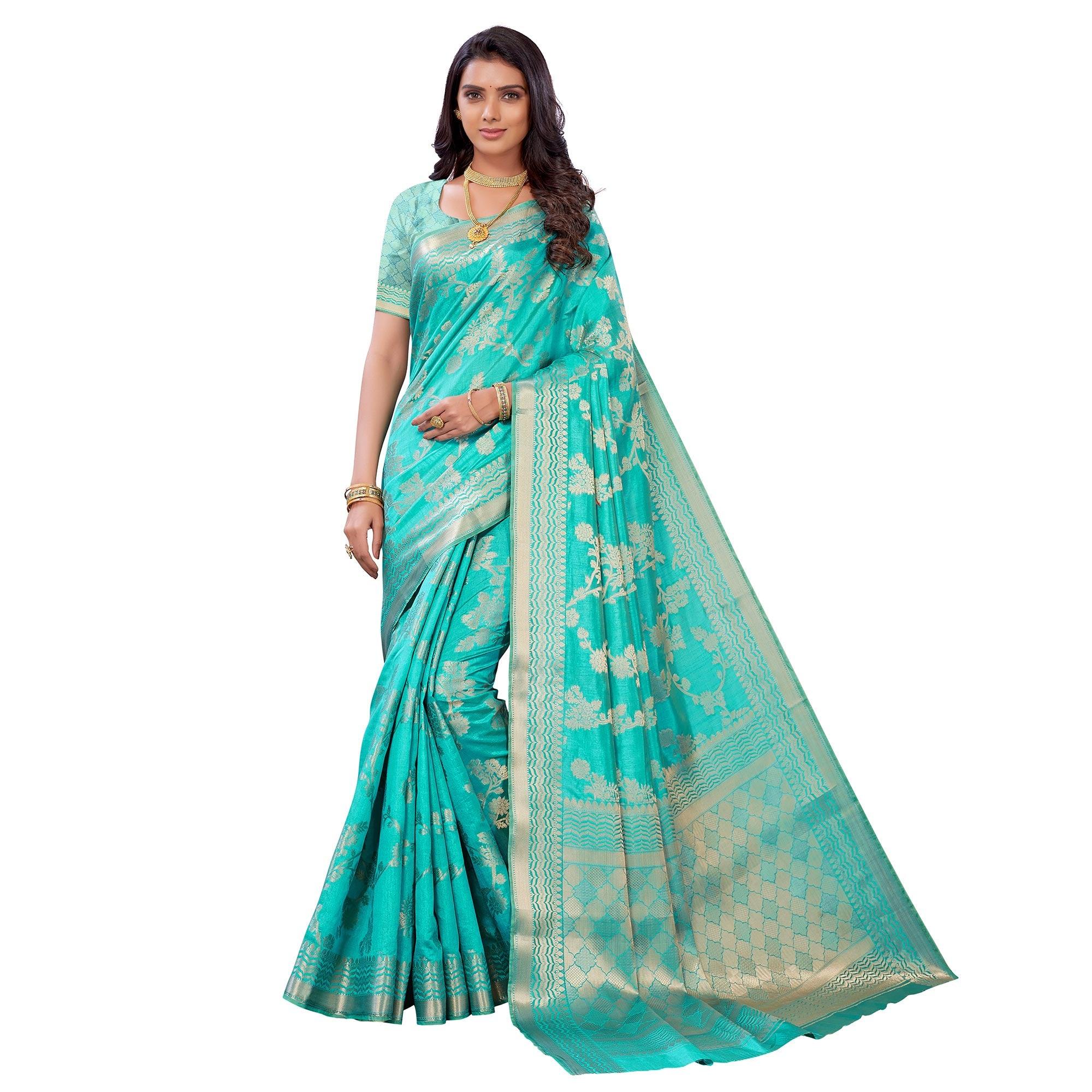 Peachmode Firozi Festive Wear Woven Art Silk Saree