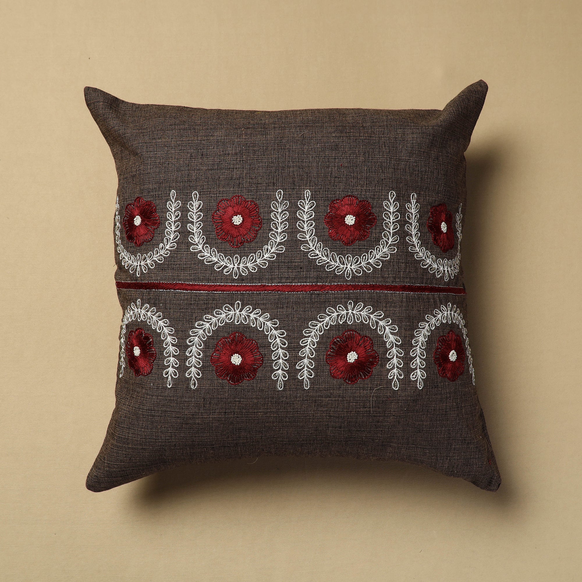 NOORI BAZAR Brown - Hand Embroidery Plain Cotton Cushion Cover (16 x 16 in)