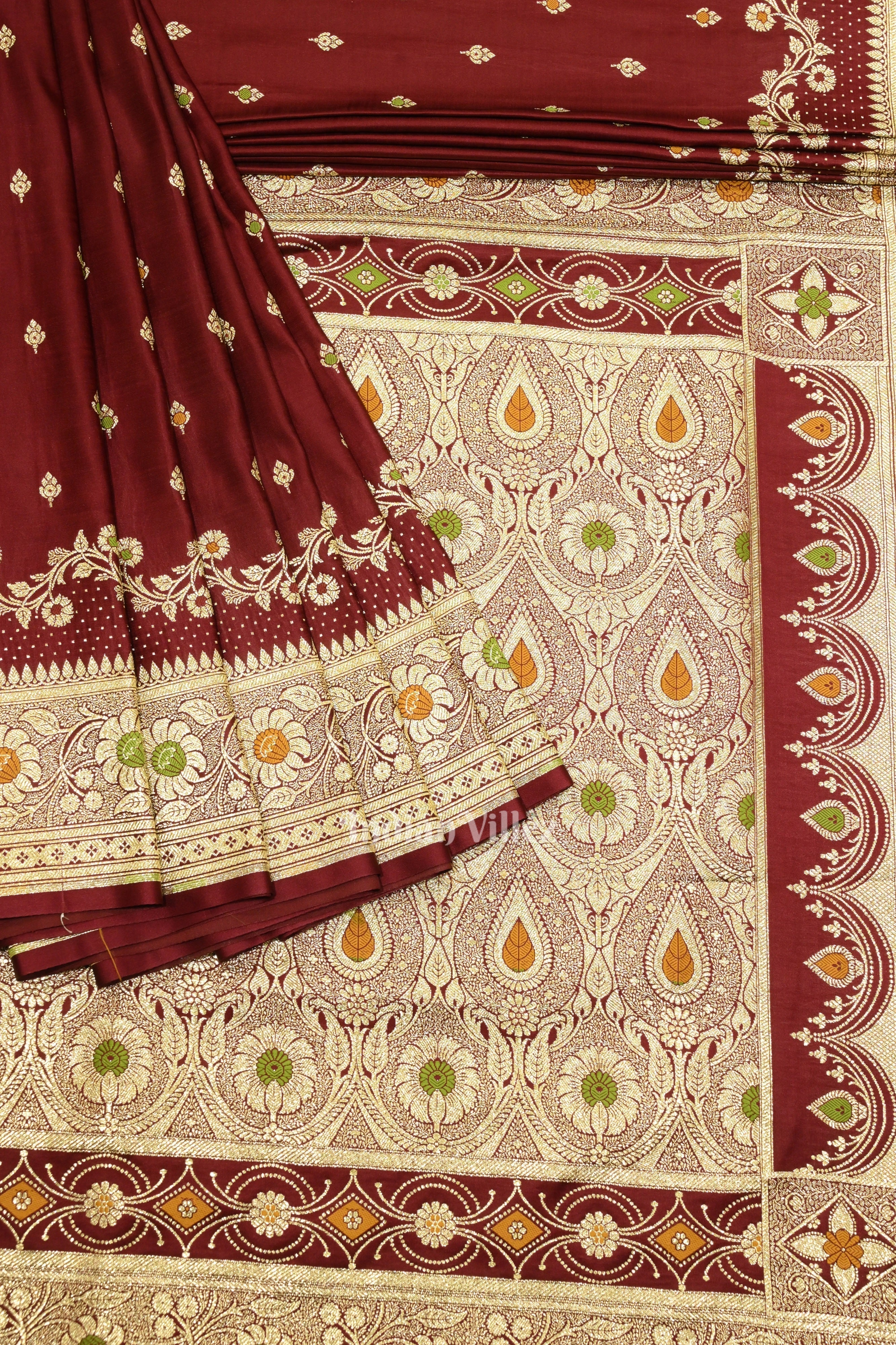 IndianVillèz Pure Maroon Meenakari Pure Mashru Satin Silk Banarasi Saree