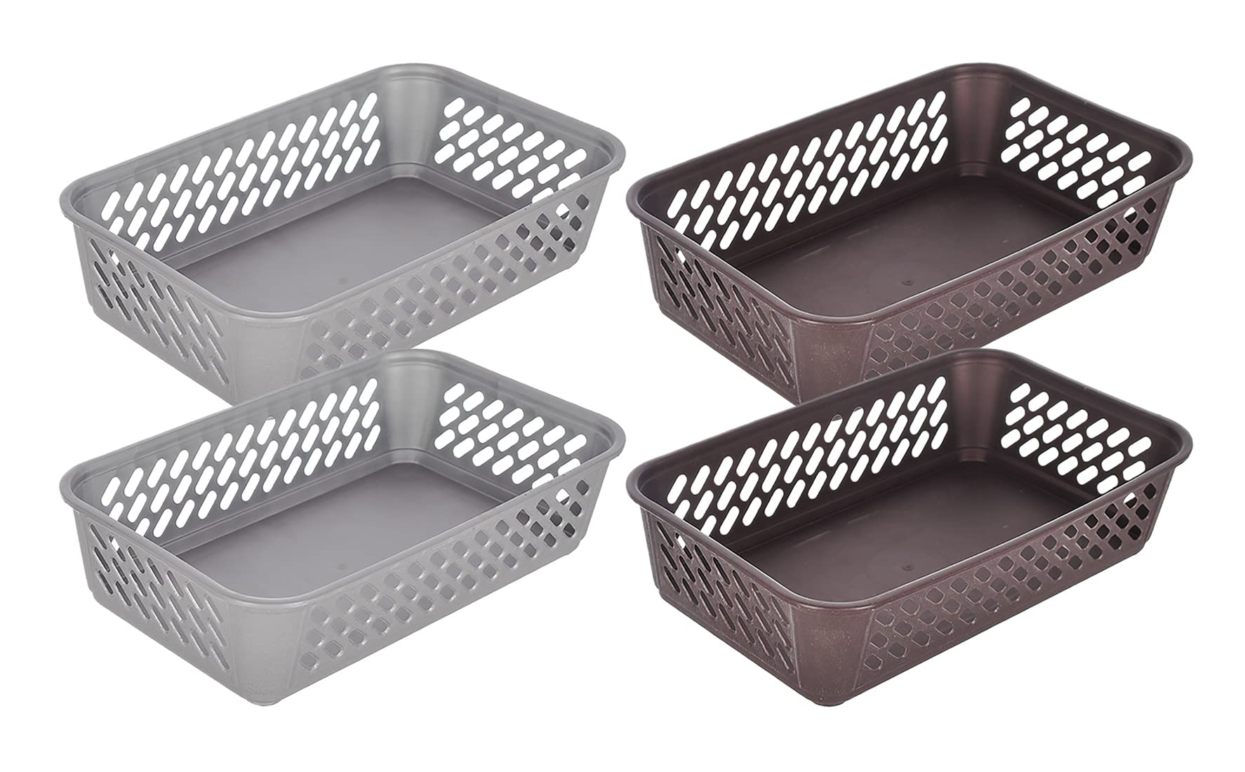 Kuber Industries Multiuses Super Tidy Plastic Tray/Basket/Organizer- Pack of 4 (Grey & Brown) -46KKM0285