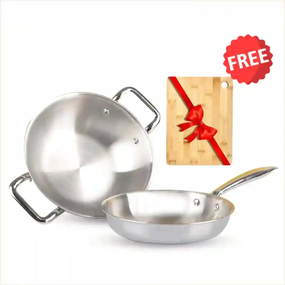 The Indus Valley TurboCuk Tri-ply Stainless Steel Cookware Set: Free ₹600 Wood Chopping Board+ Kadai+ Fry Pan, Premium Quality, 3 Layer Thick Body, 10