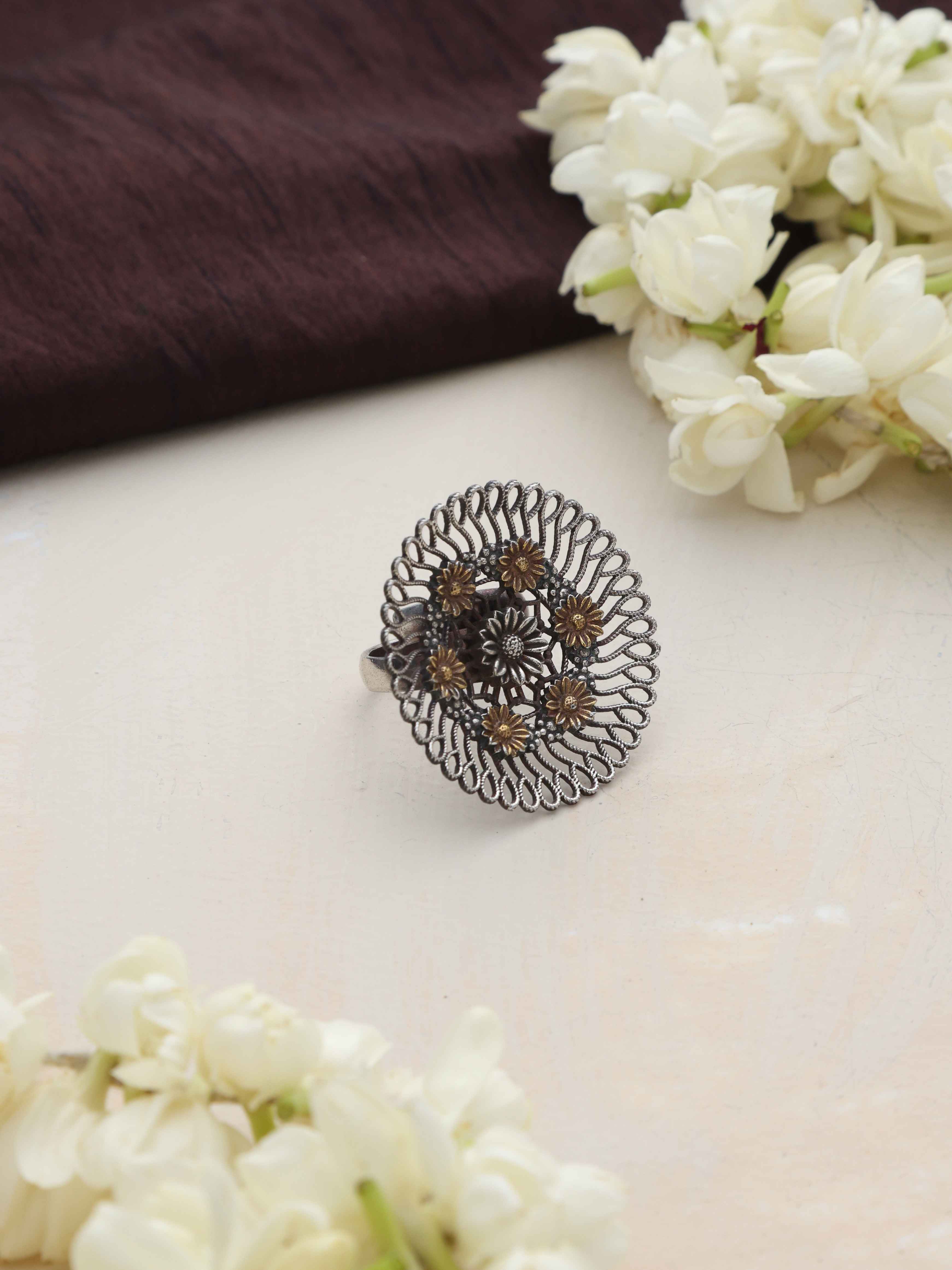 trueBrowns Silver Tone Floral Circular Ring - view 2