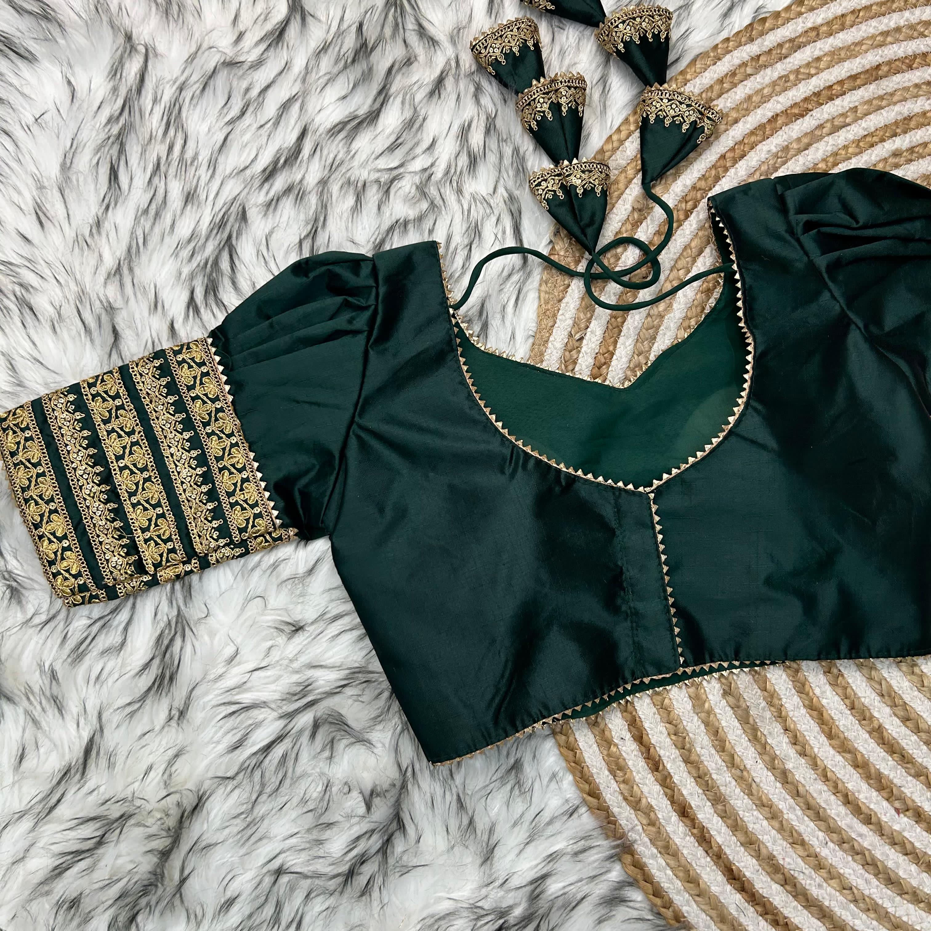 ClothsVilla Dark Green Kilmora Silk Blouse with Handcrafted Embroidery and Sequence Accents - view 2