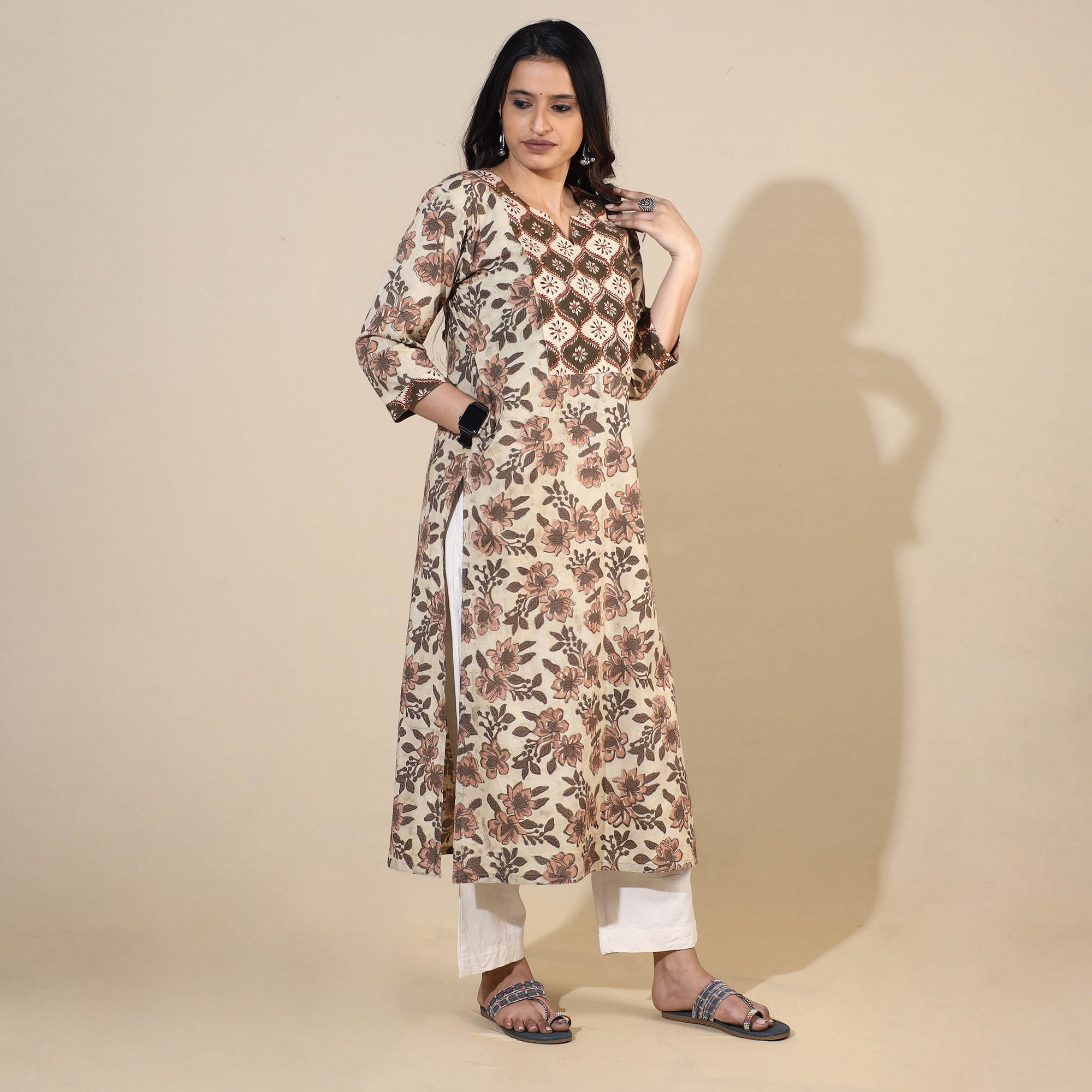 ITOKRI CASUALS Beige - Bagru Hand Block Printed Cotton Long Straight Kurta - view 4