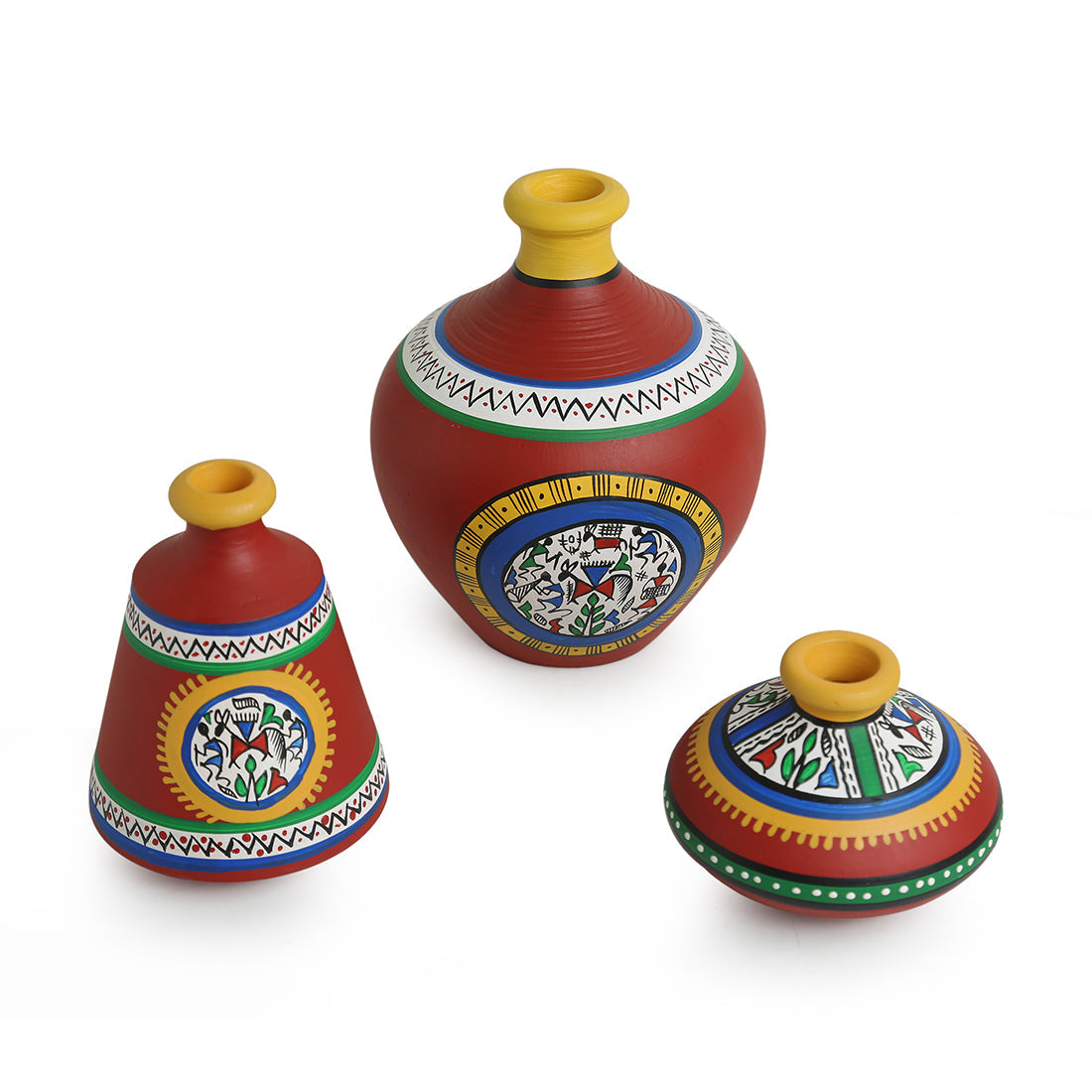 EXCLUSIVELANE 'Warli Red Matkis' Handpainted Terracotta Vases (Set of 3) - view 2