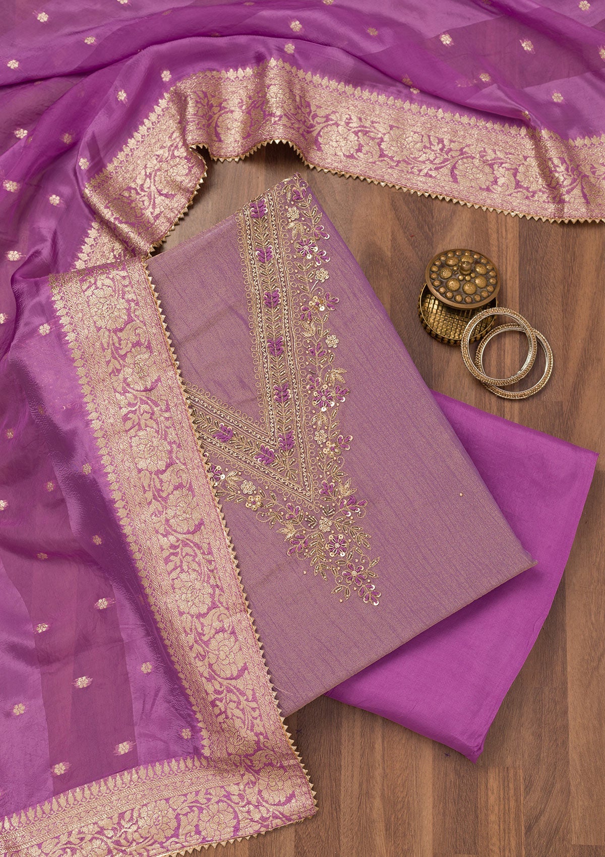Koskii Purple Zariwork Raw Silk Unstitched Salwar Suit