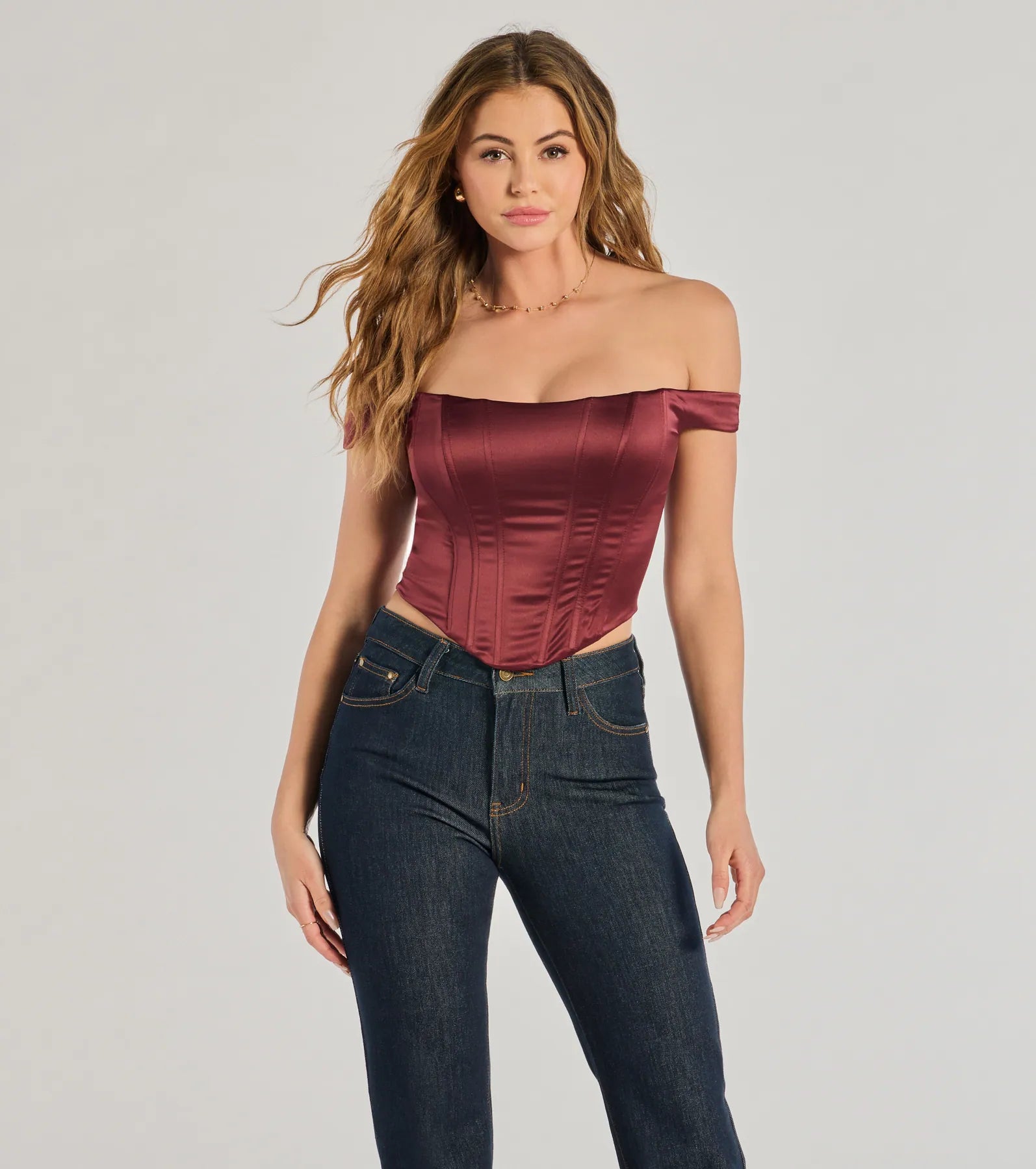 Windsor Chic Sleek Satin Off-The-Shoulder Corset Top