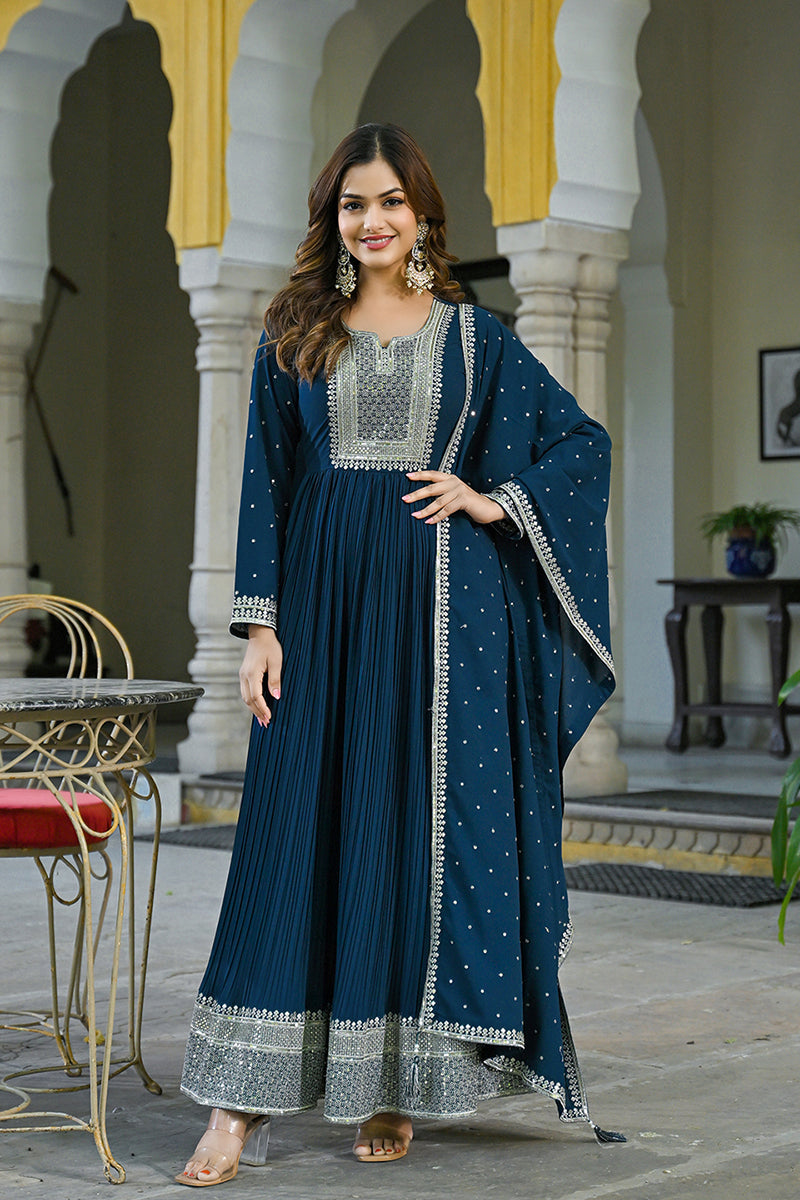 Ahika Teal Blue Georgette Solid Yoke Design Anarkali Kurta Dupatta Set VKSET1473 - view 3