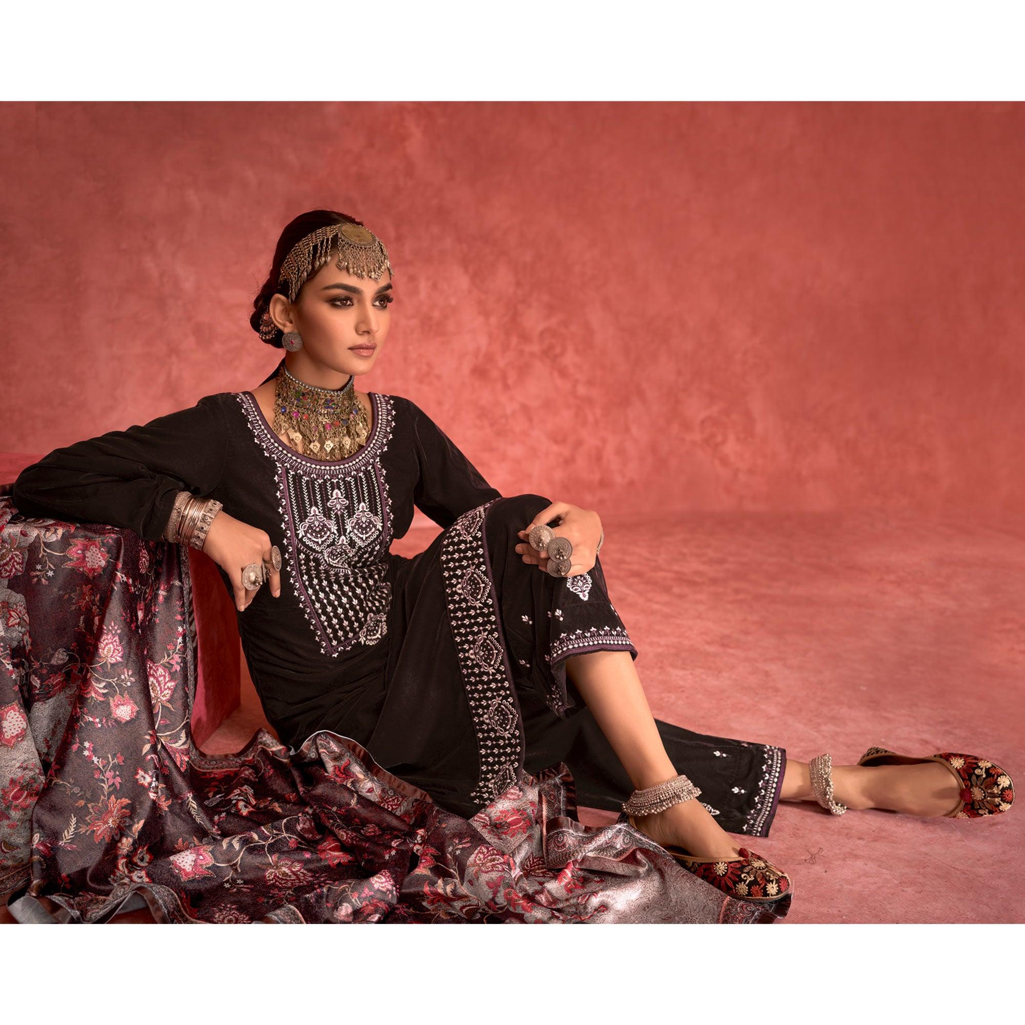 Peachmode Brown Embroidered Velvet Pakistani Suit - view 4
