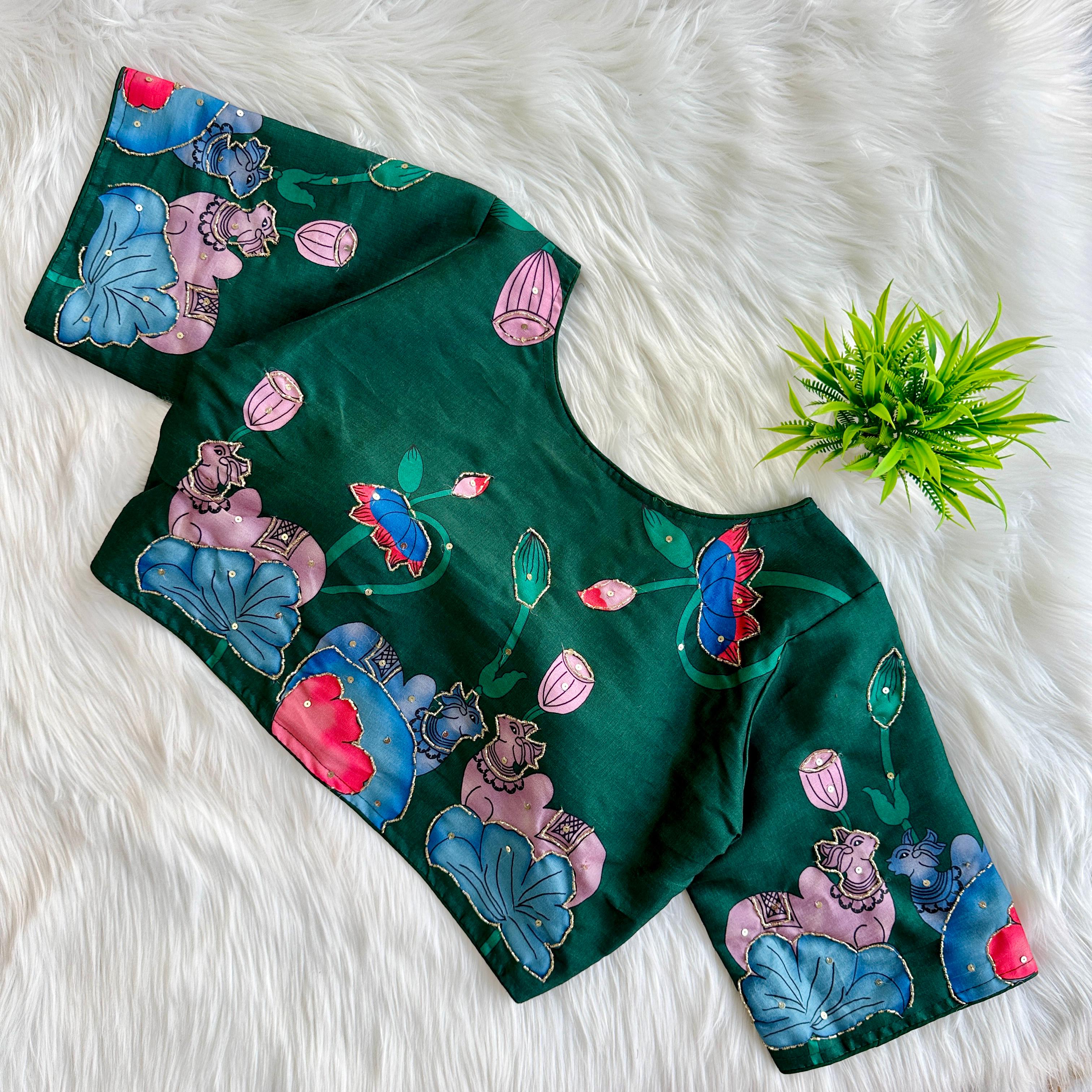 ClothsVilla Green Pure Silk Blouse with Decent Print and Antique Handcrafted Work