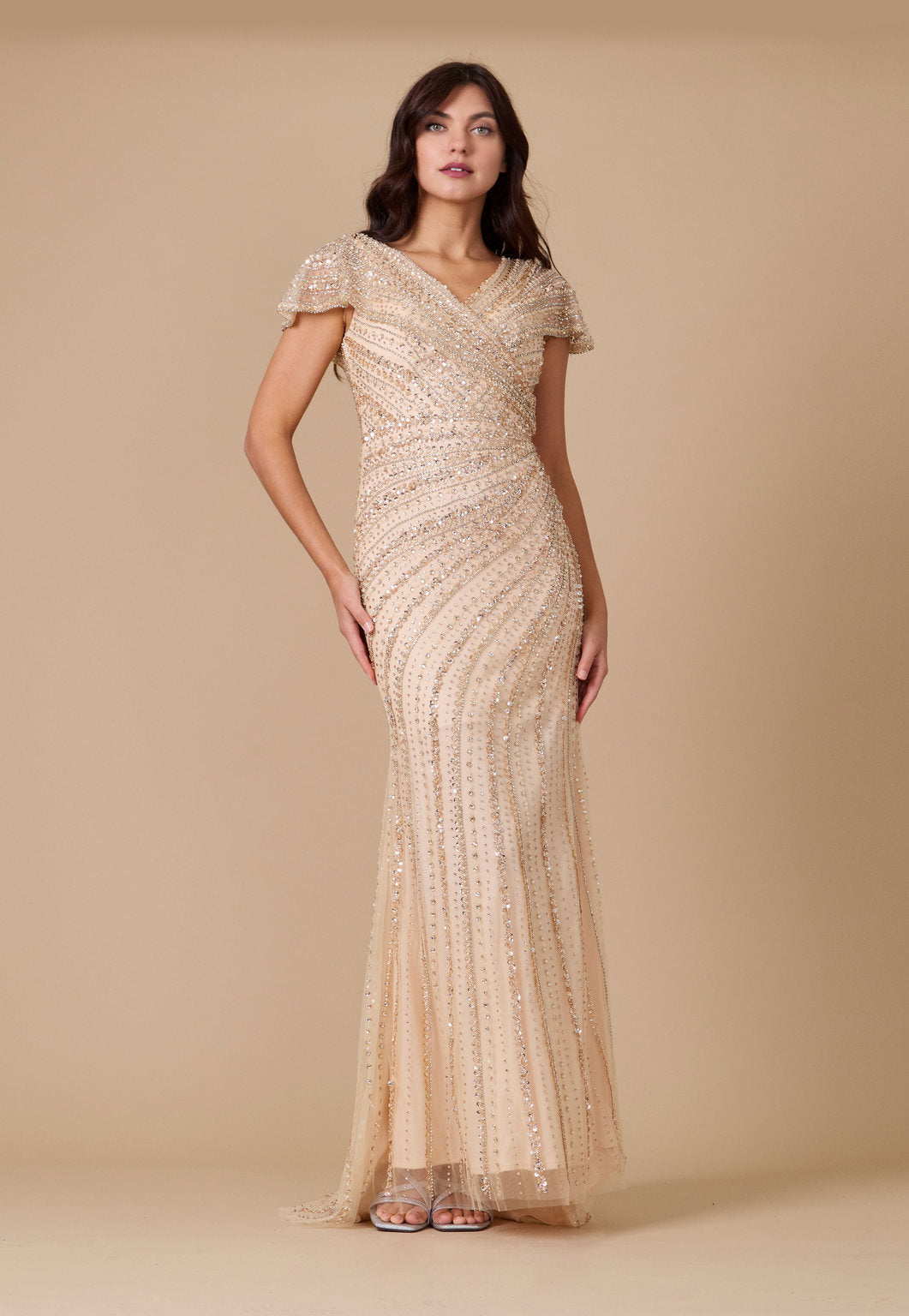 Dylan & Davids Short Sleeve Hand Beaded Formal Couture Dress Gold