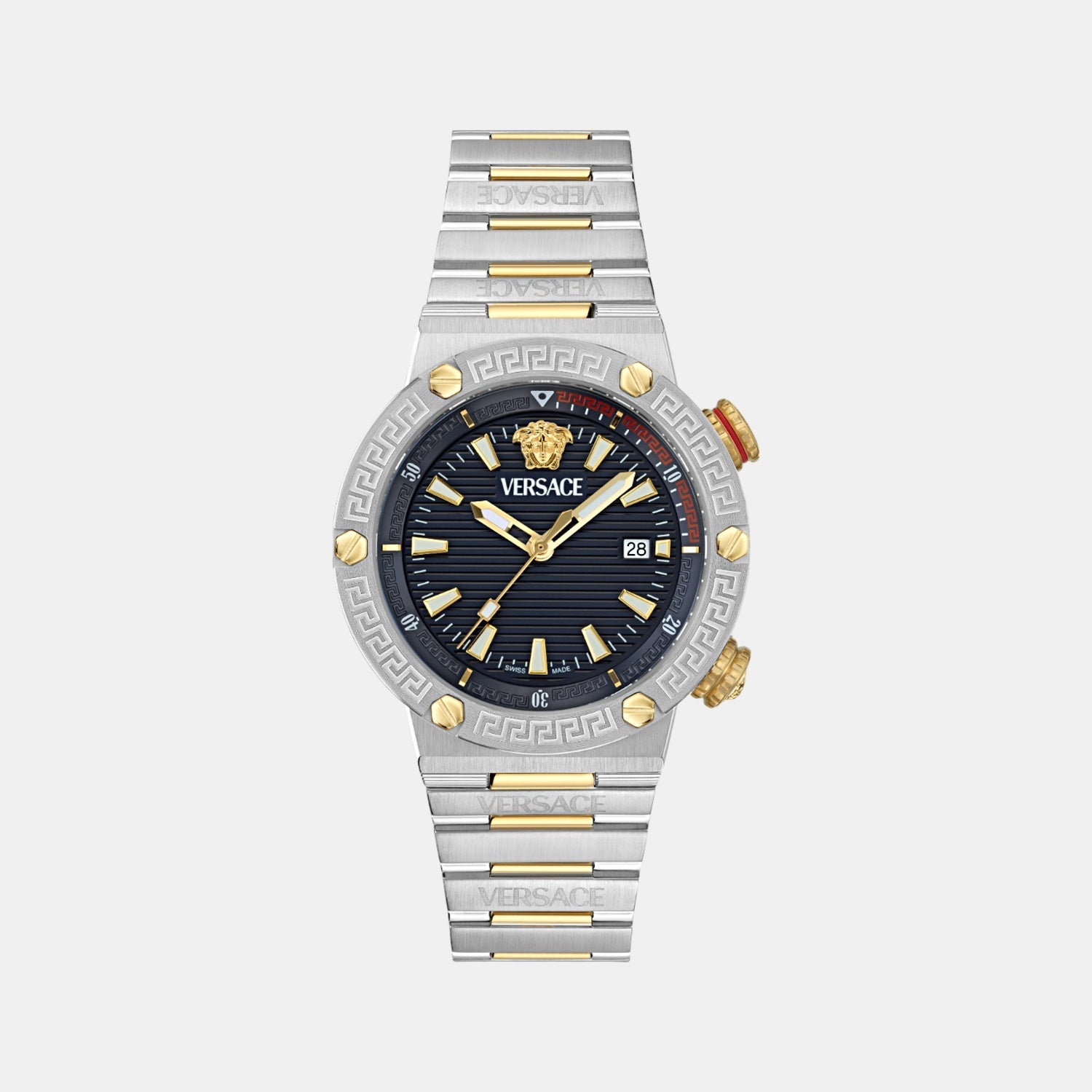 Versace Greca Logo Diver Men Quartz Two Tone Dial Analog Stainless Steel Watch VE8G00424