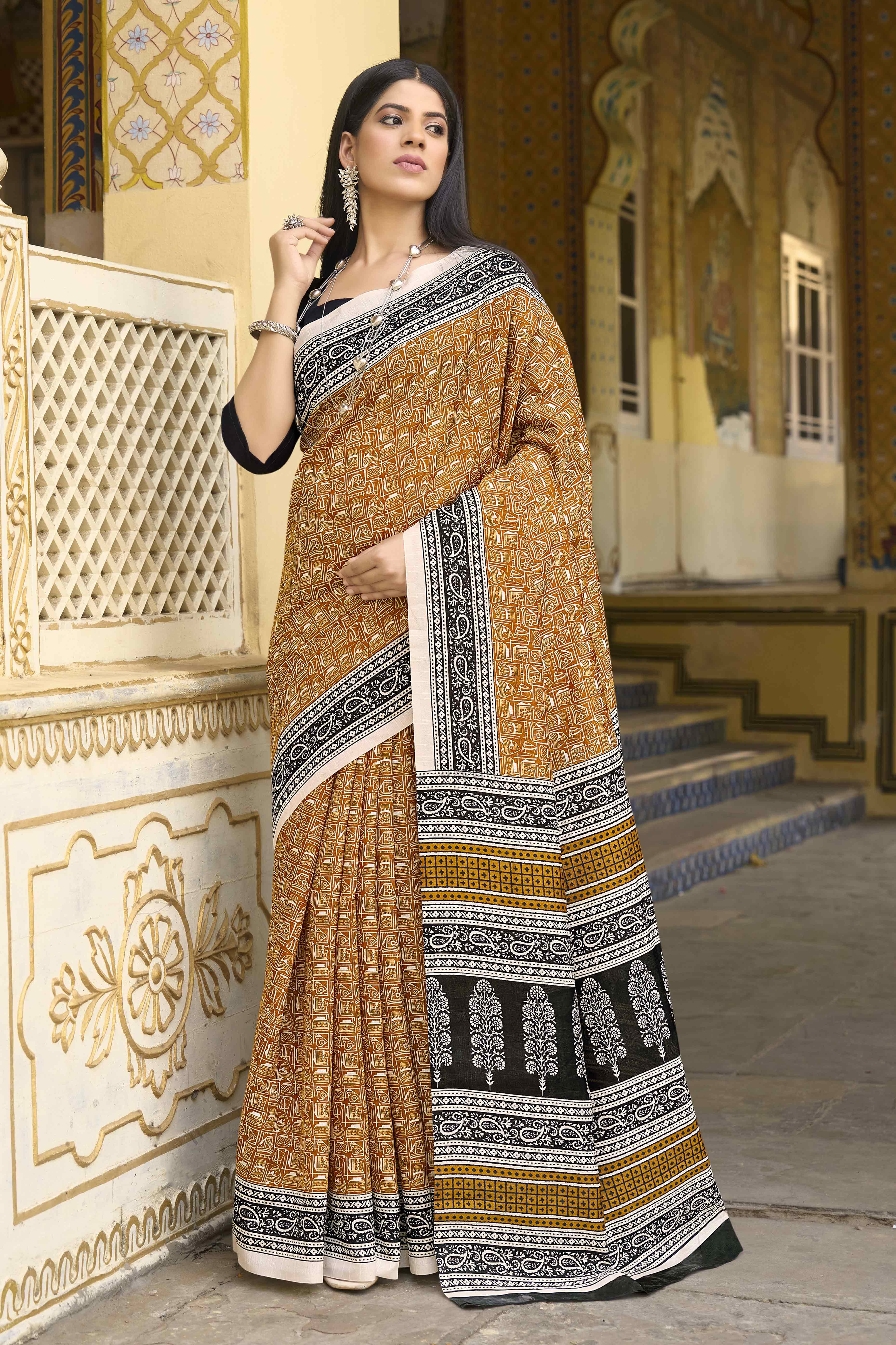 Peachmode Dark Mustard Printed Bhagalpuri Silk Saree