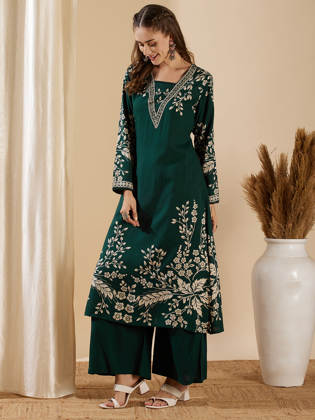 Fashor Floral Printed & Hand Embroidered A-Line Kurta with Flared Palazzo - Green