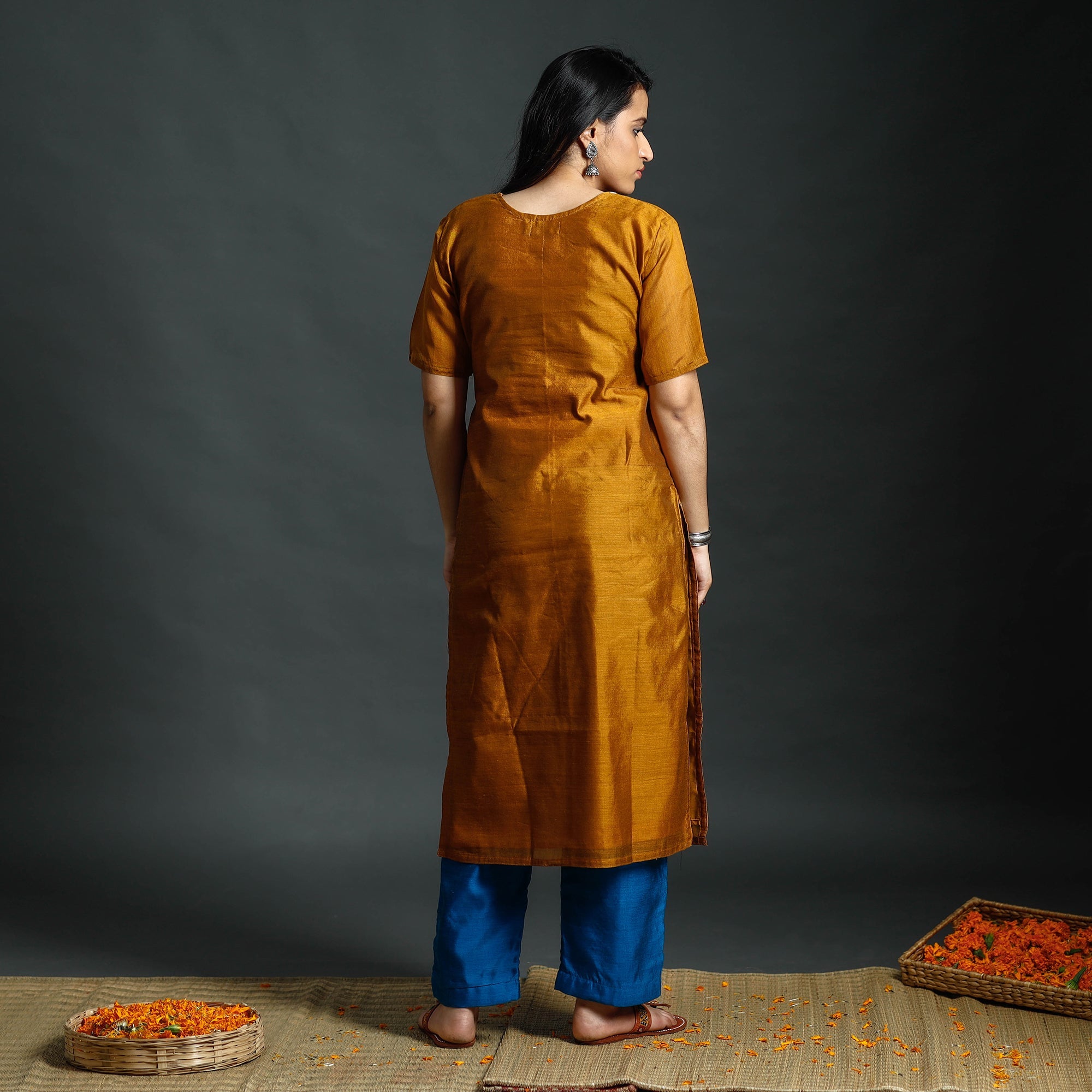 ITOKRI CASUALS Mustard & Blue - Phulia Jamdani Handloom Silk Cotton Kurta with Palazzo & Dupatta Set - view 5