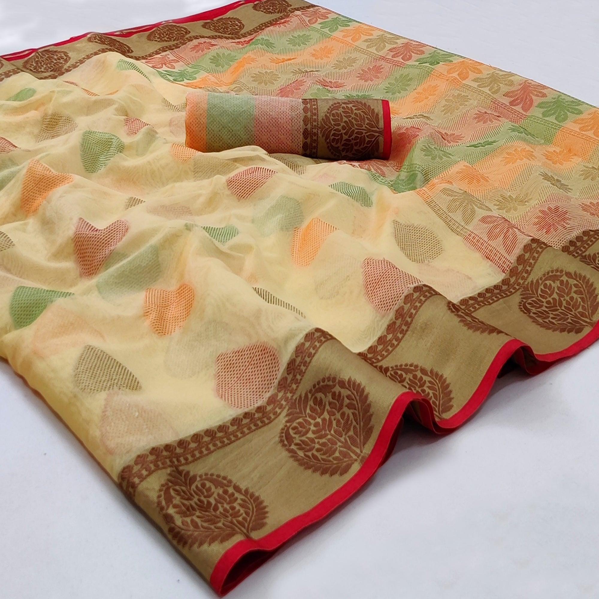 Peachmode Chikoo Festive Wear Woven Rich Pallu Organza Saree