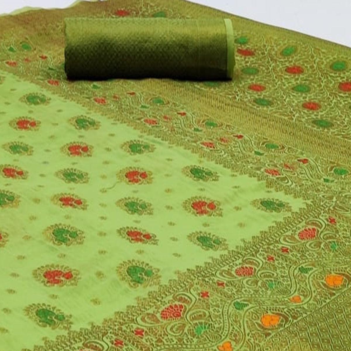 Peachmode Entrancing Green Colored Festive Wear Woven Cotton Saree - view 2