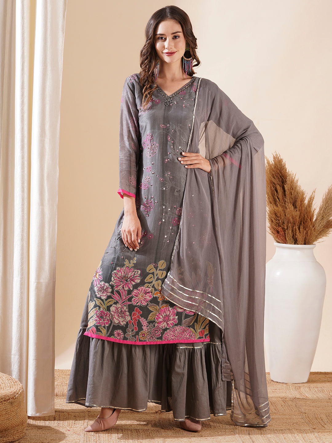 Fashor Ethnic Printed Cutdana & Sequins Embroidered Kurta with Sharara & Dupatta - Grey