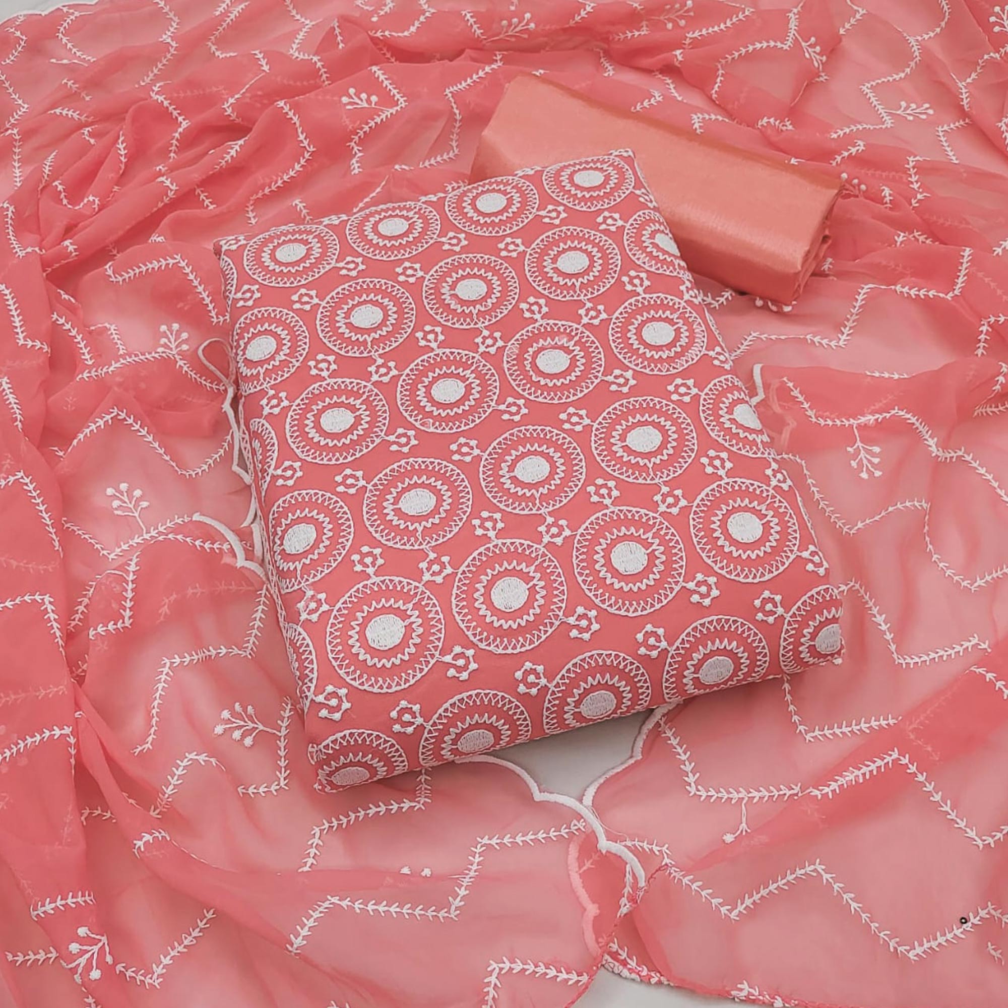 Peachmode Gajri Pink Embroidered Georgette Dress Material
