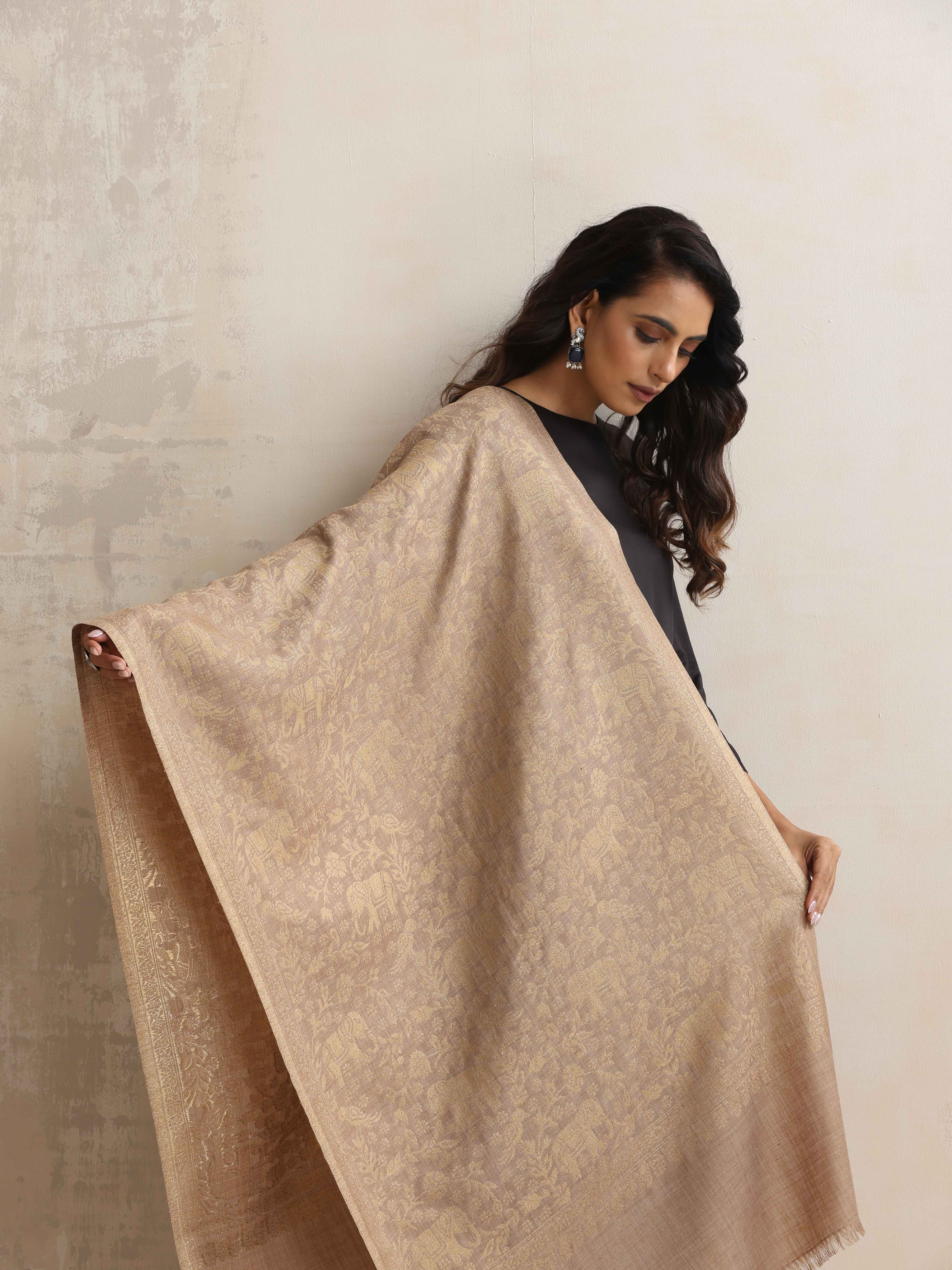 trueBrowns Brown Floral Jaal Woollen Stole - view 2