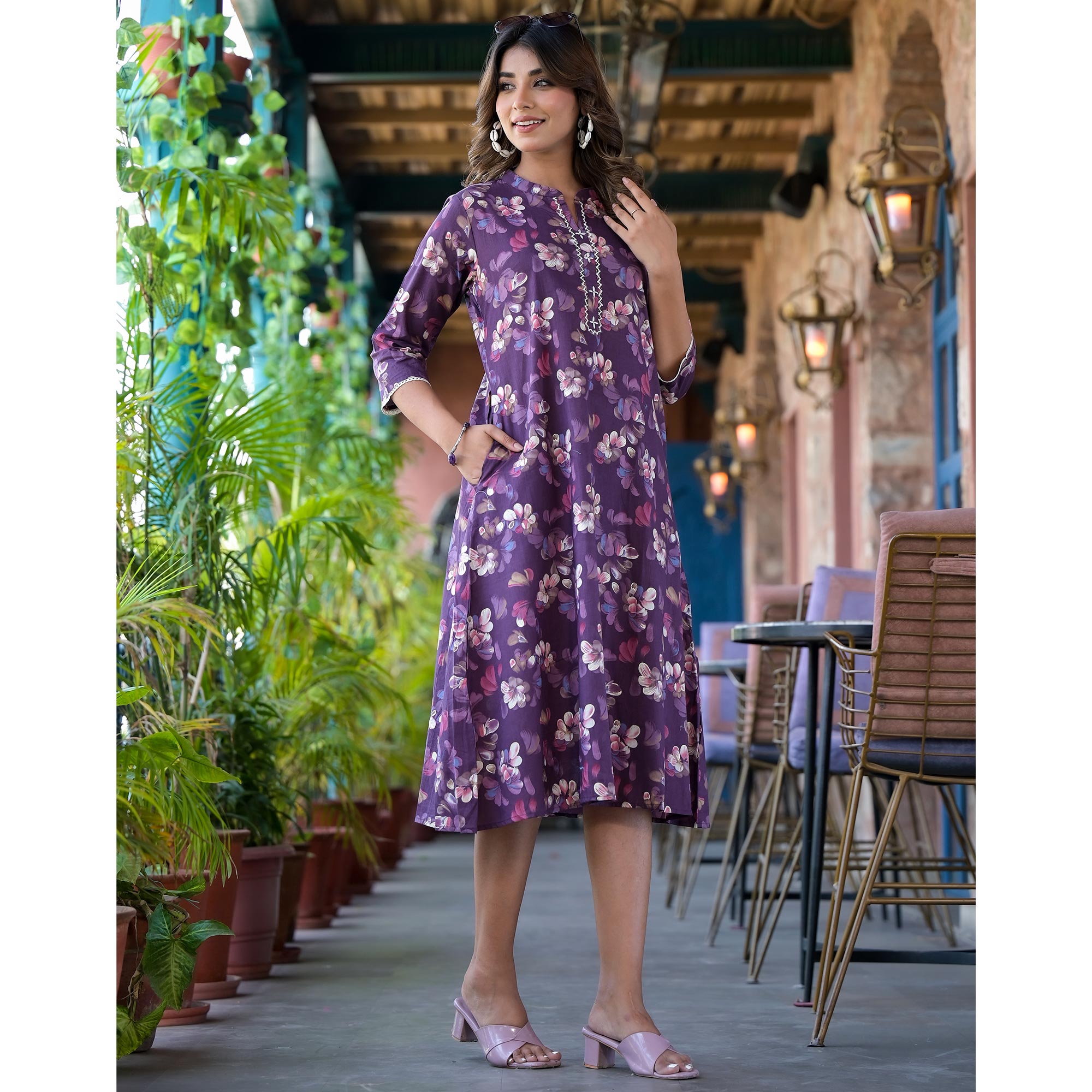 Peachmode Dark Purple Floral Foil Printed Giza Cotton A-Line Dress - view 5