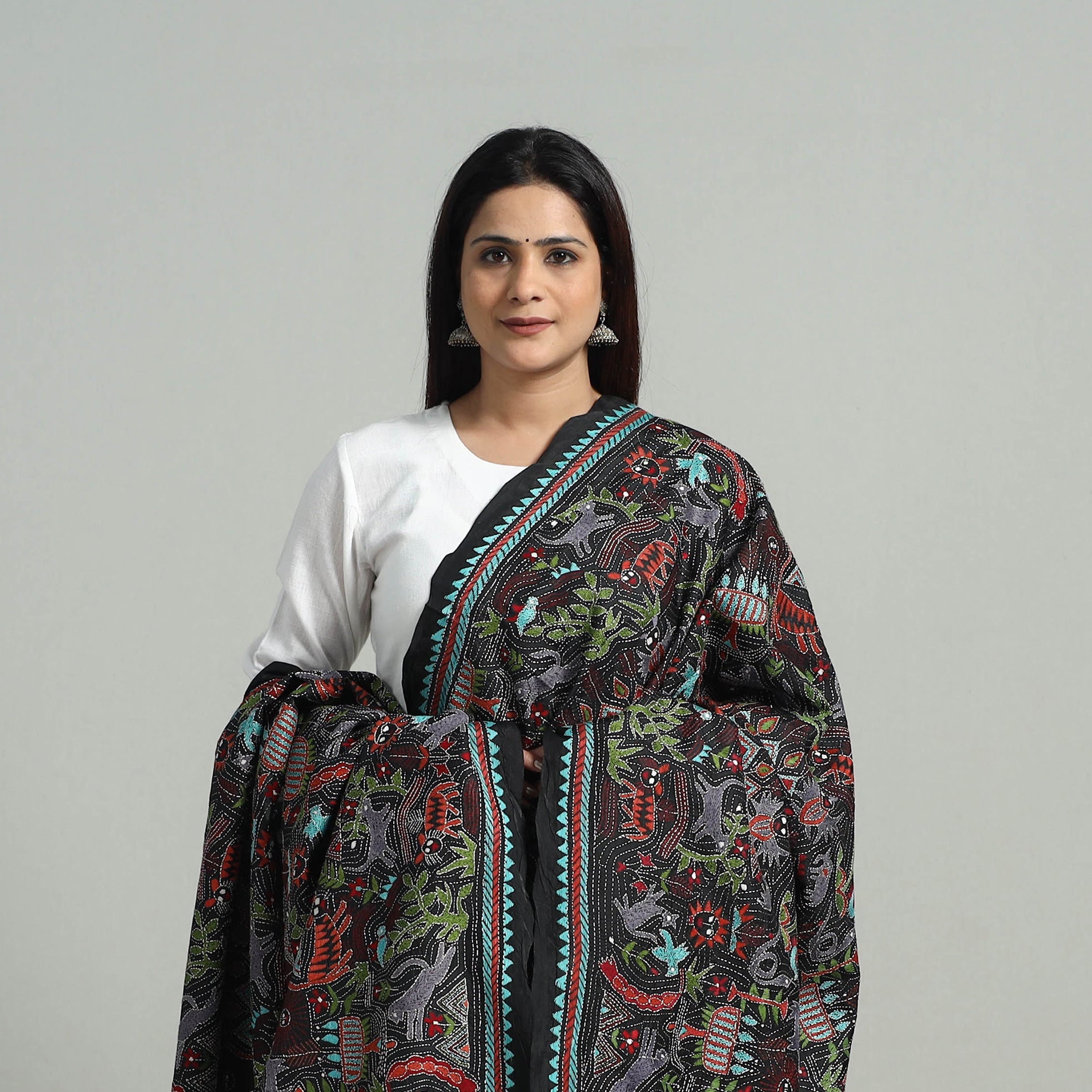 KHUSHBASH - HAPPY LOOM OF EAST Black - Pure Handloom Silk Bengal Kantha Work Dupatta 01 - view 3