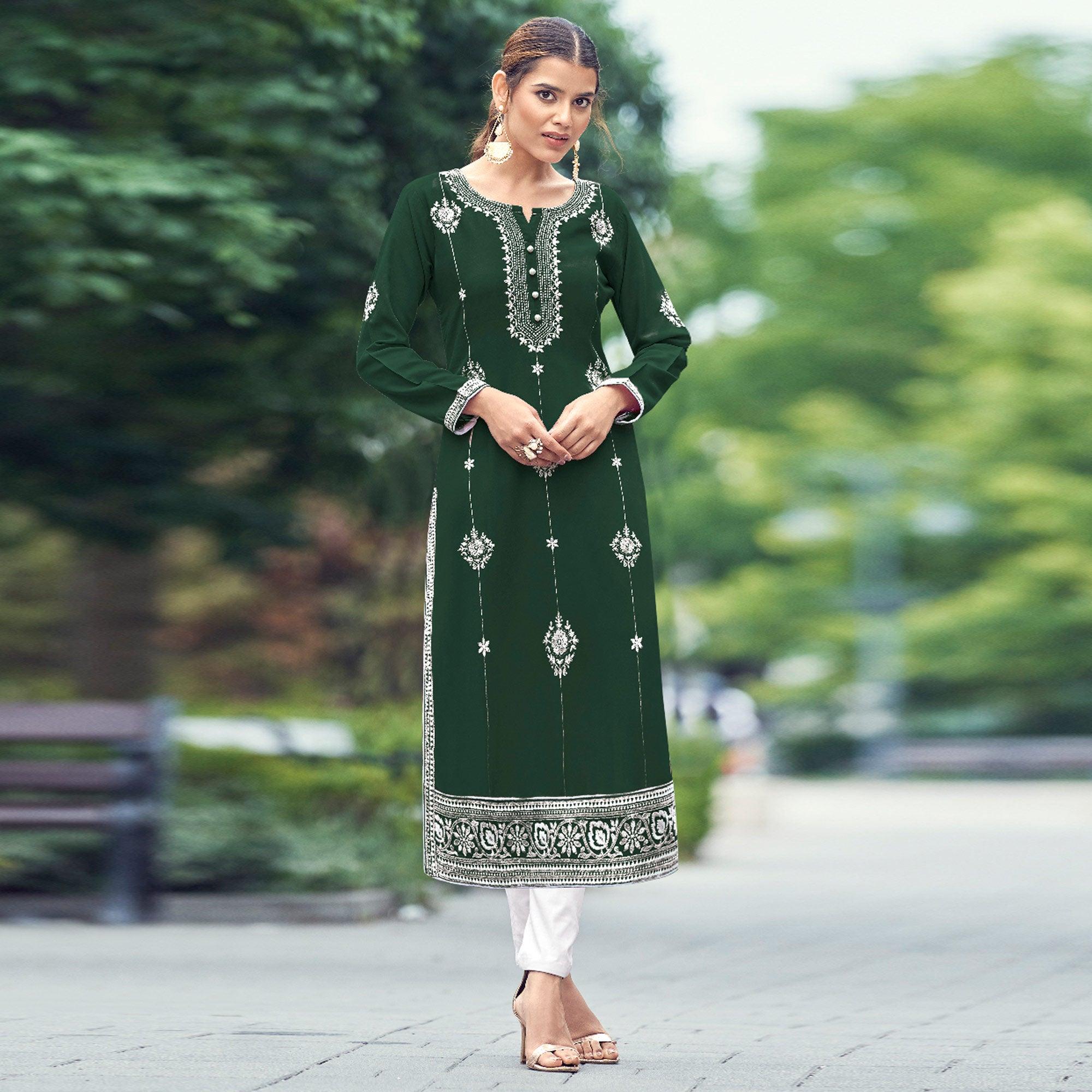 Peachmode Bottle Green Floral Embroidered Rayon Kurti - view 2