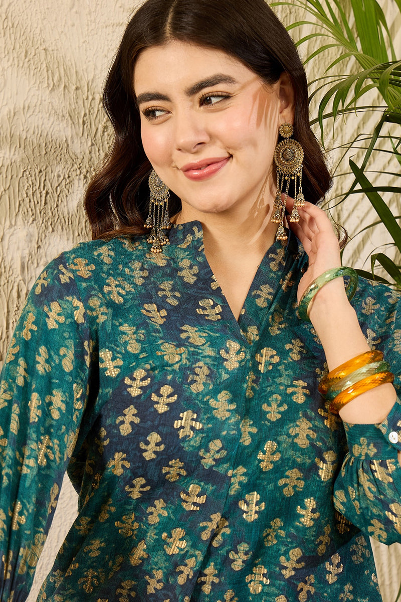 Ahika Blue Cotton Blend Ethnic Motifs Printed Regular Kurti Tunics VT1311