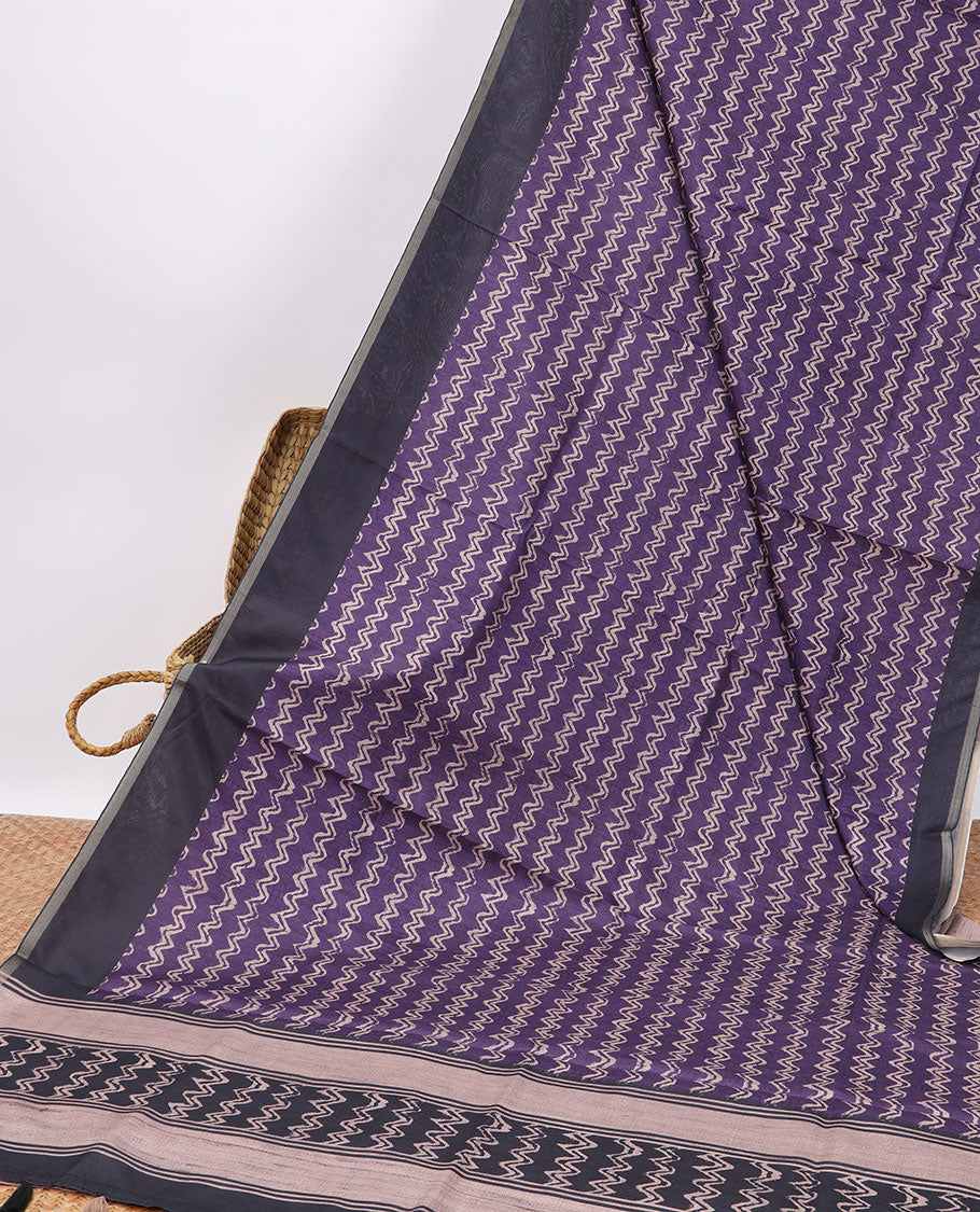 Pothys Violet zig zag striped semi-banaras tussar saree with contrast zari border & striped pallu