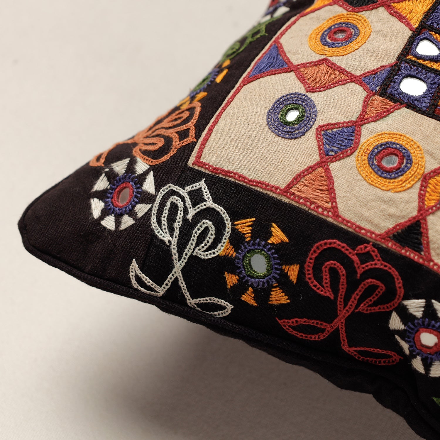 Black - Kala Raksha Rabari Hand Embroidery Cotton Cushion Cover (12 x 12 in) - view 2