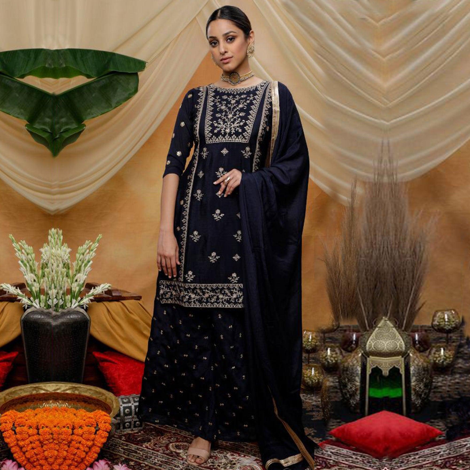 Peachmode Engrossing Navy Blue Colored Party Wear Embroidered Art Silk Palazzo Suit
