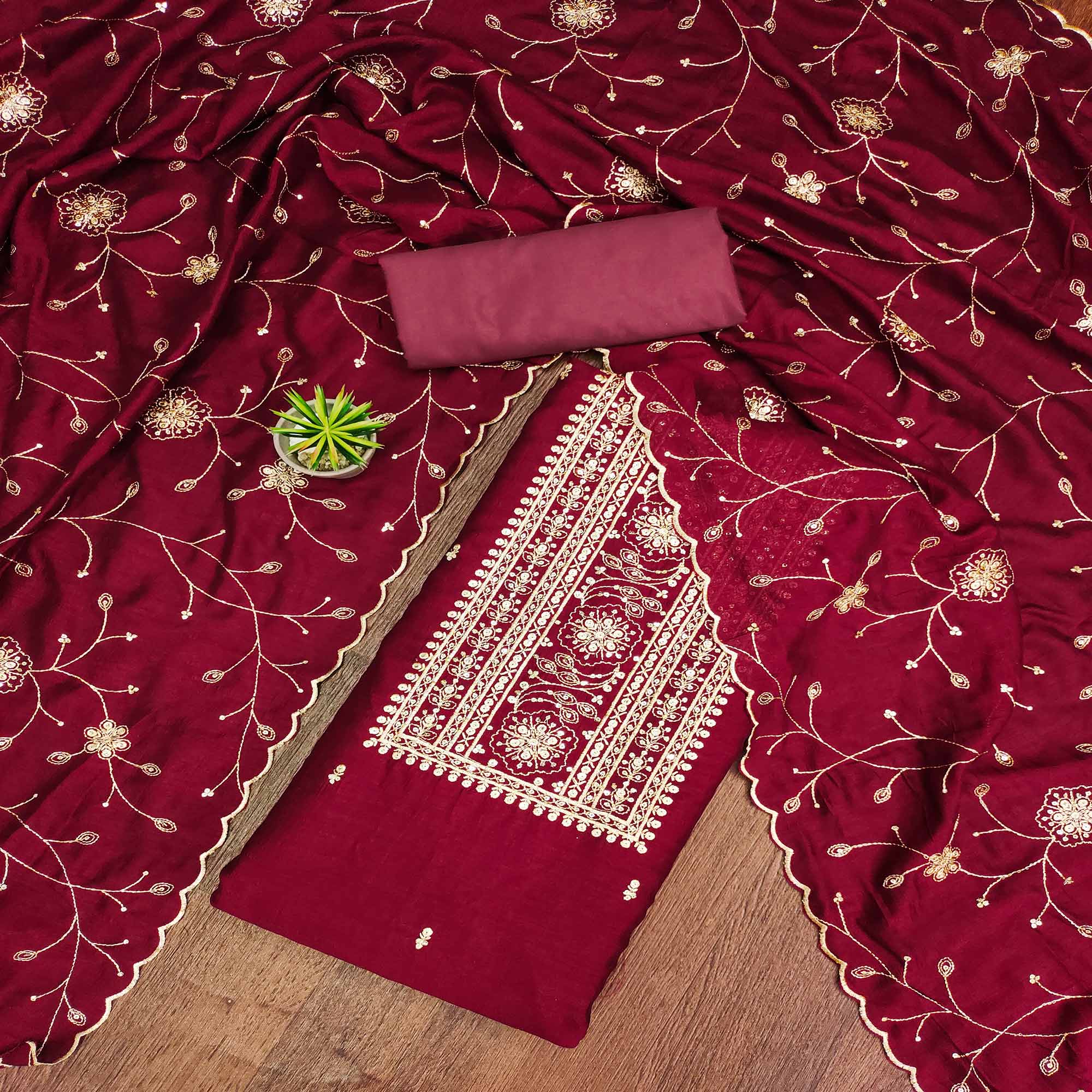 Peachmode Maroon Sequins Embroidered Chinon Dress Material