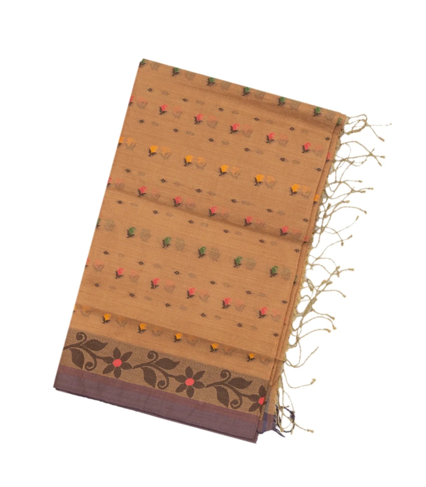 RmKV Brown Bengal Cotton Saree With Floral Motifs