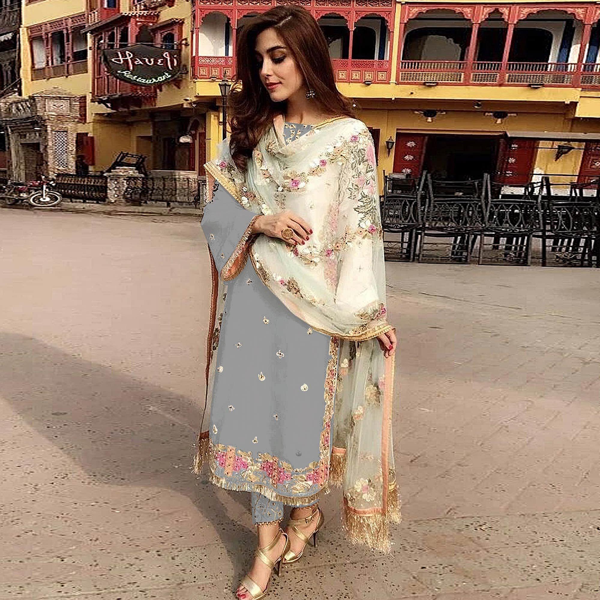 Peachmode Grey Partywear Straight cut Style Embroidery and Moti Work faux Georgette Salwar Suit