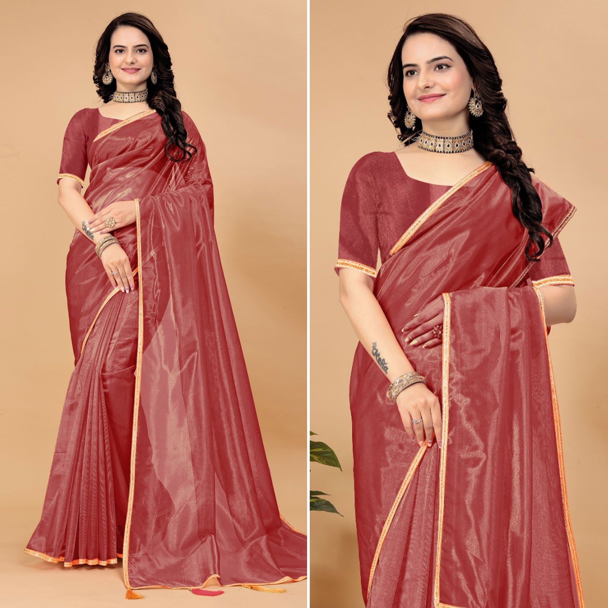 Peachmode Brick Red Solid Nylon Saree With Lace Border